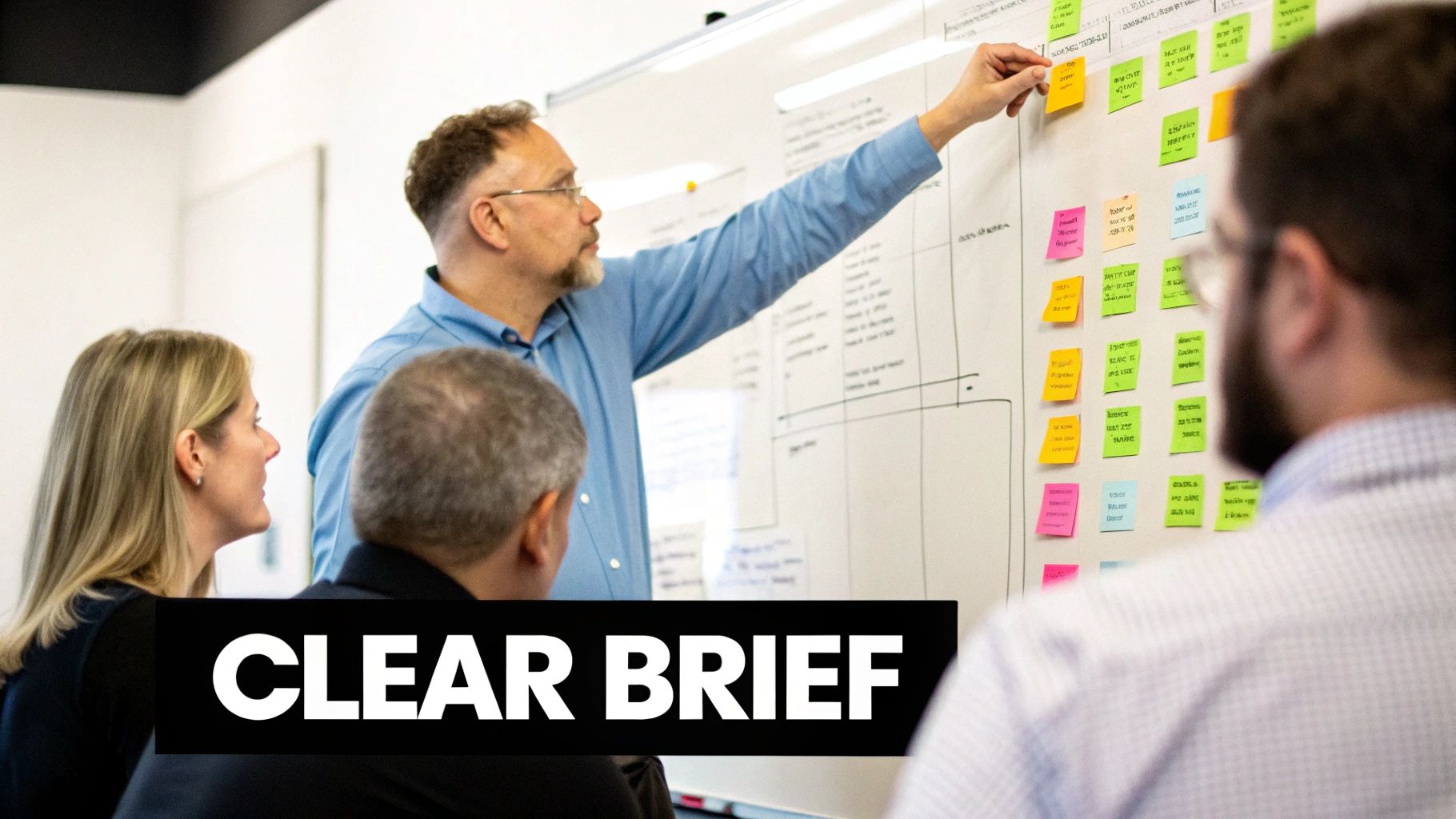A manager giving clear instructions to a team member in a modern office setting.