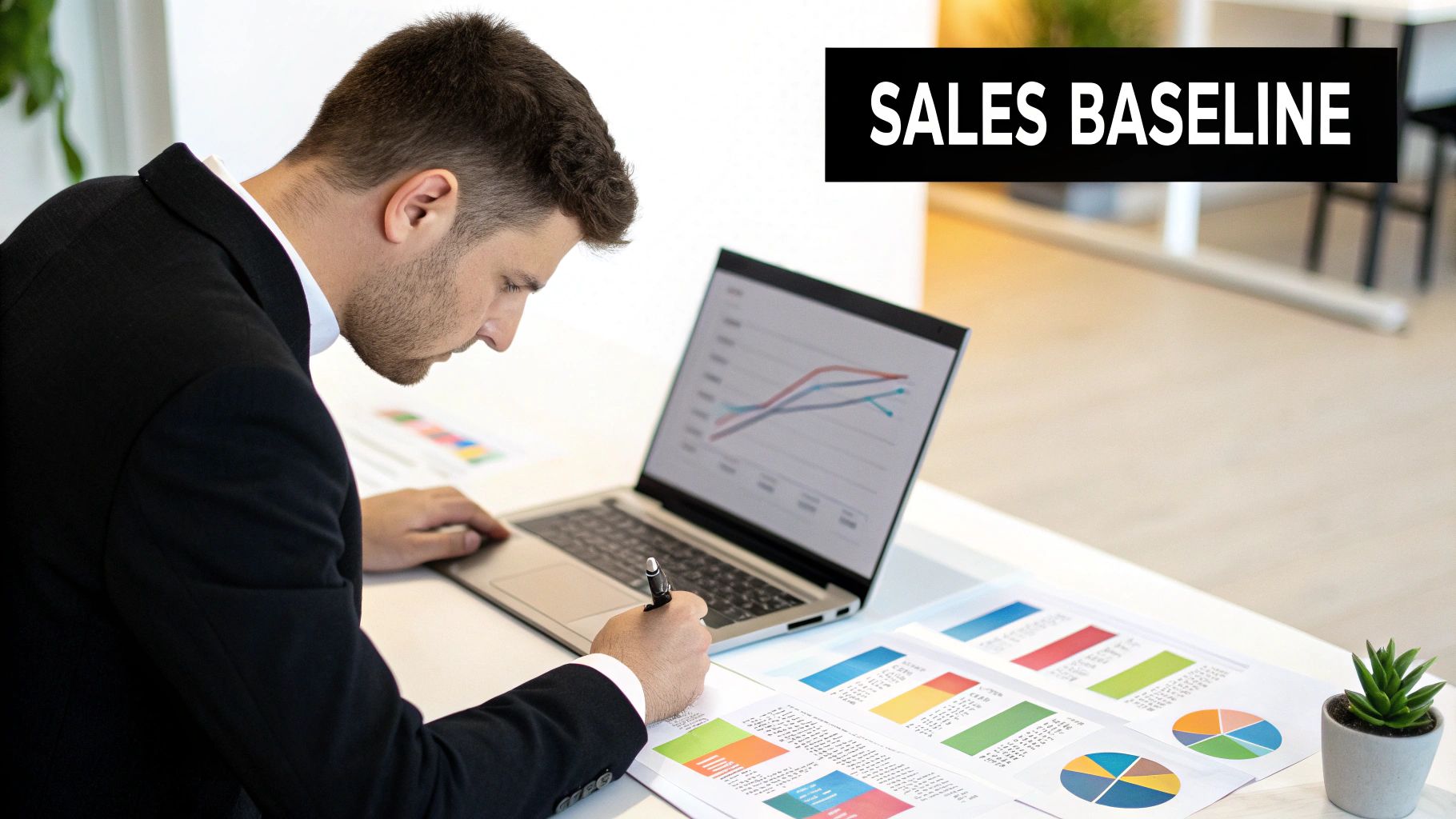 A sales team analyzing charts and graphs on a large screen in a modern office.