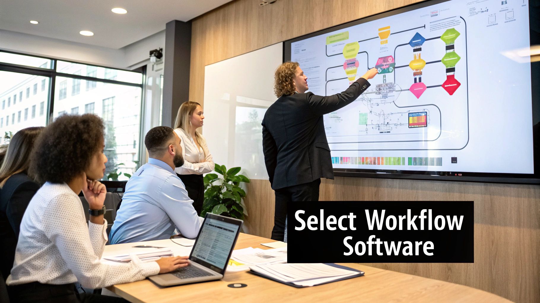 A team collaborating around a computer screen, symbolizing workflow management.