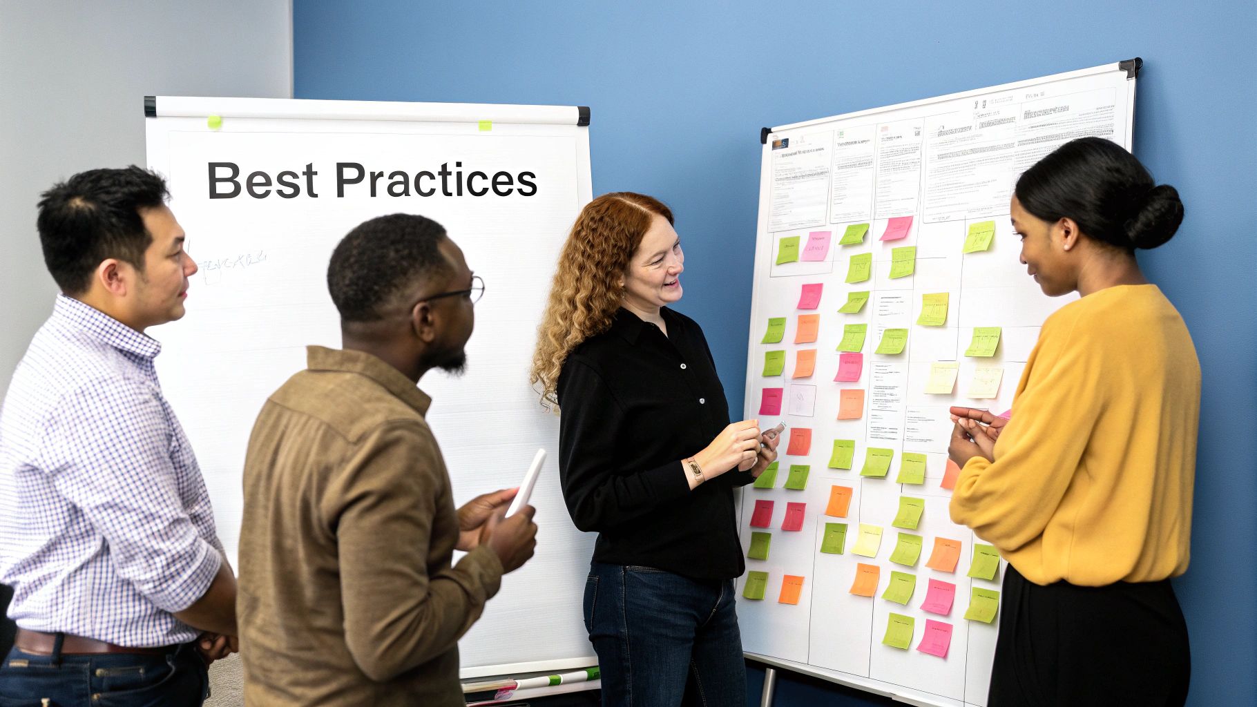 A team collaborating effectively around a digital whiteboard in a modern office.