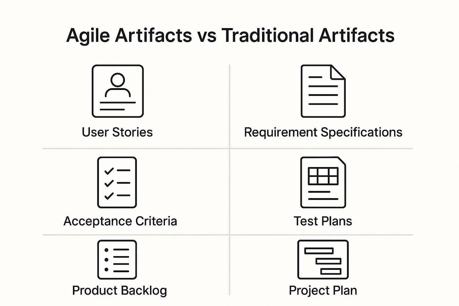 Infographic comparing agile requirements documentation artifacts like User Stories and Product Backlogs with their traditional counterparts like Requirement Specifications and Project Plans.