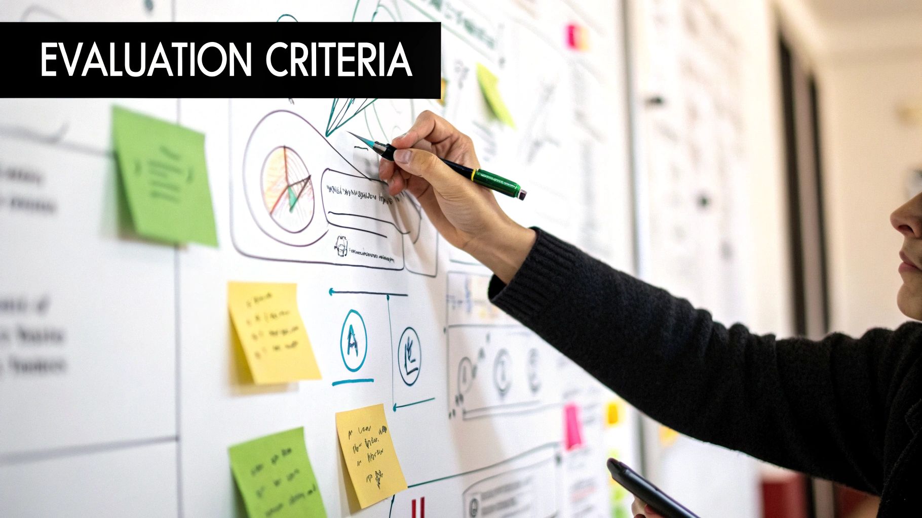 A person at a desk using sticky notes to plan and organize tasks, representing the establishment of evaluation criteria.