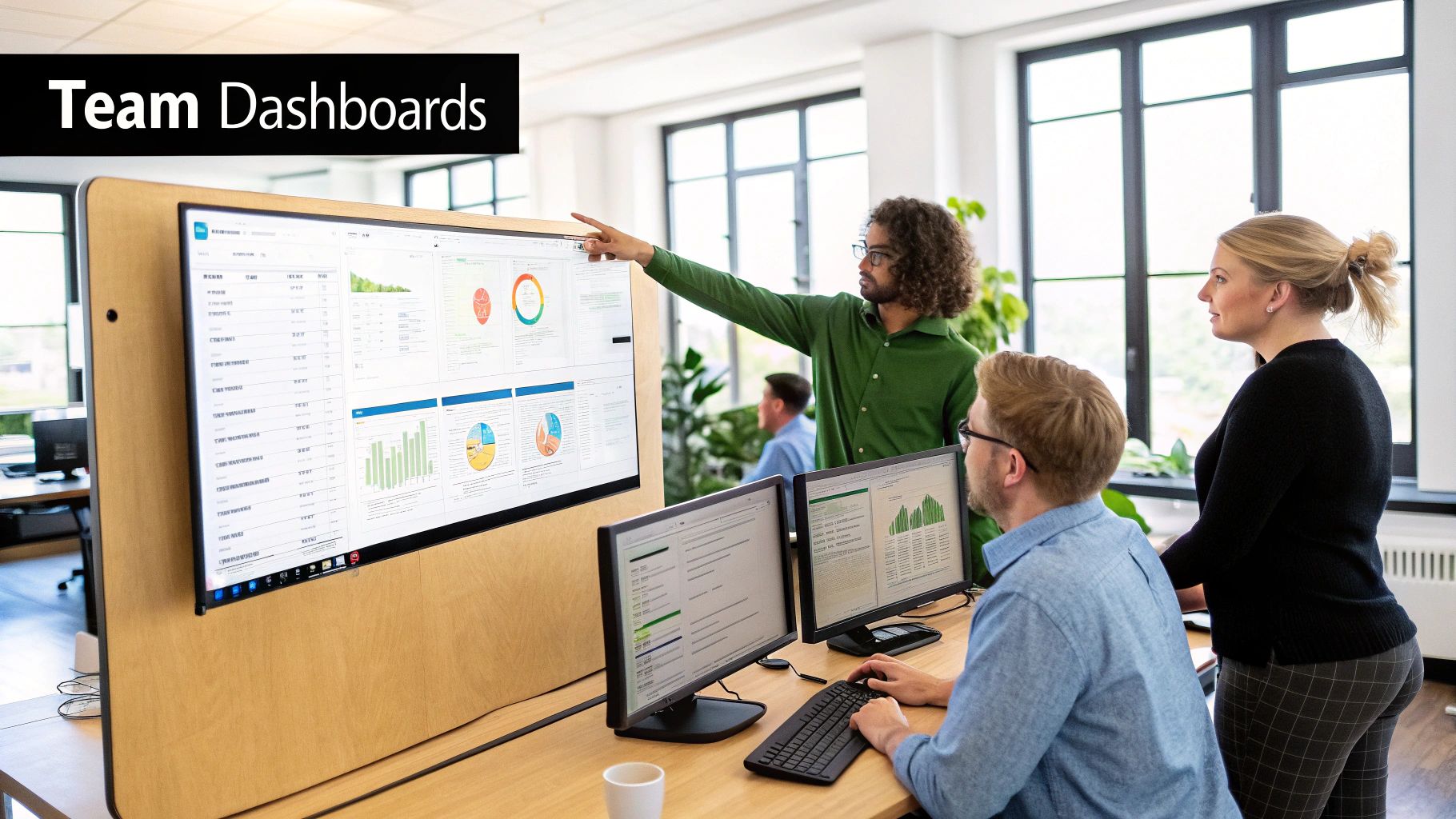 A team collaborating around a modern business intelligence dashboard