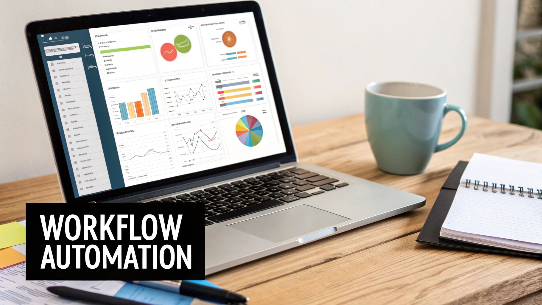 A team of professionals collaborating on a project with visual data charts in the foreground, showcasing real-world workflow automation.