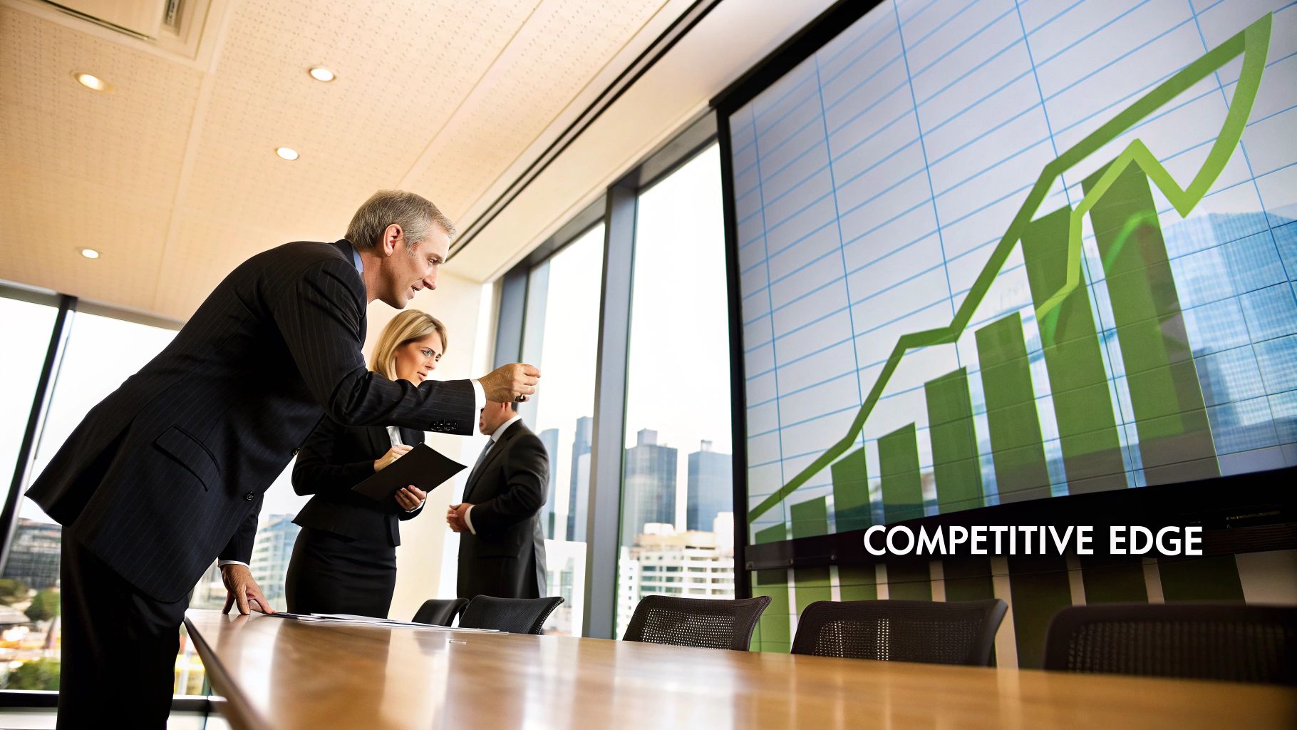 A team collaborating around a business intelligence dashboard