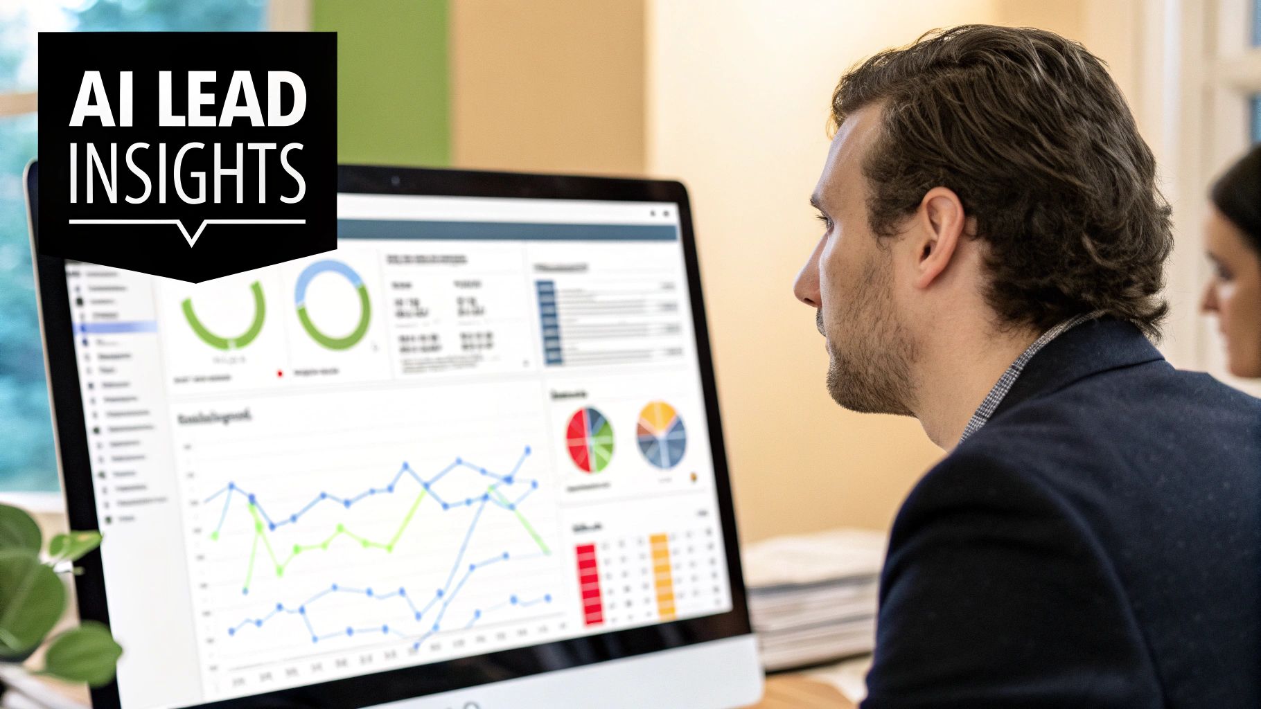 A modern office setting with data visualizations overlaid, symbolizing the integration of AI into business processes.