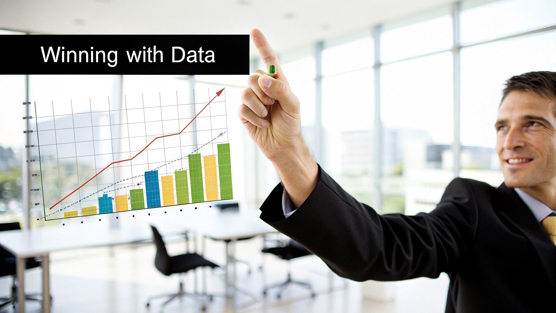 Team members collaborating around a monitor displaying colorful data visualizations and performance dashboards.