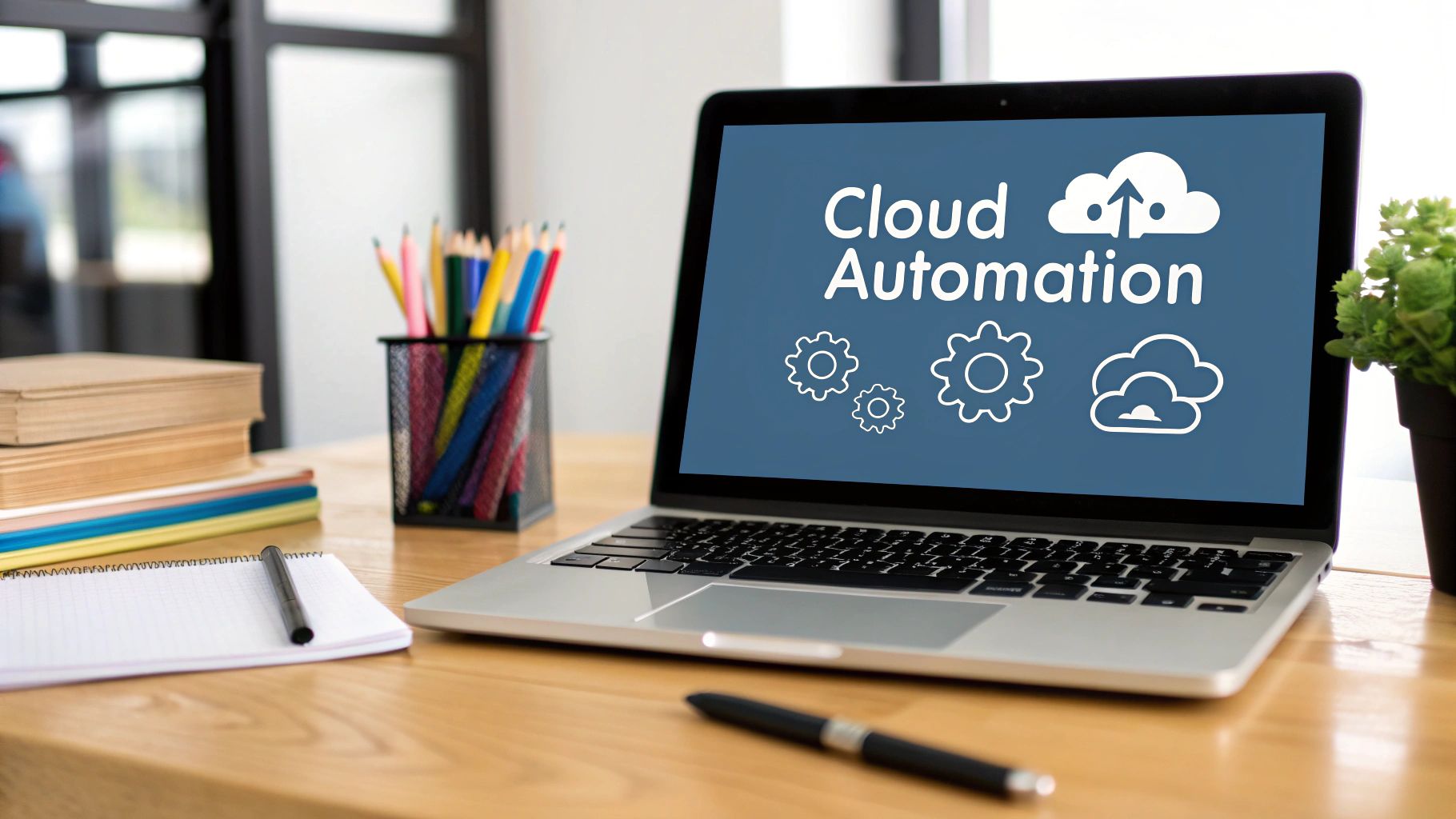 A visual representation of interconnected cloud services being managed by an automated system, symbolizing cloud automation.