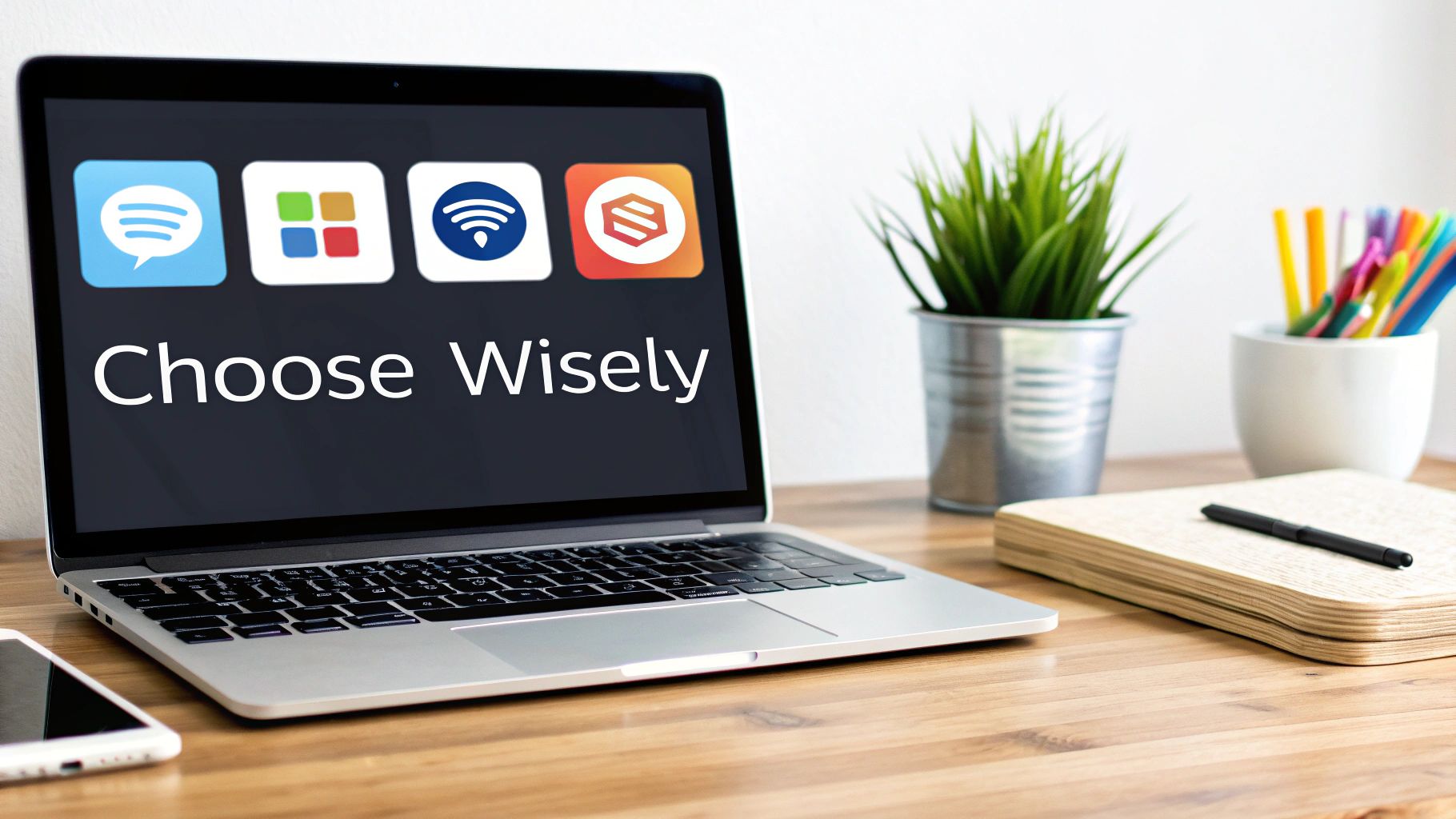 A person interacting with a digital whiteboard displaying various icons representing different software tools