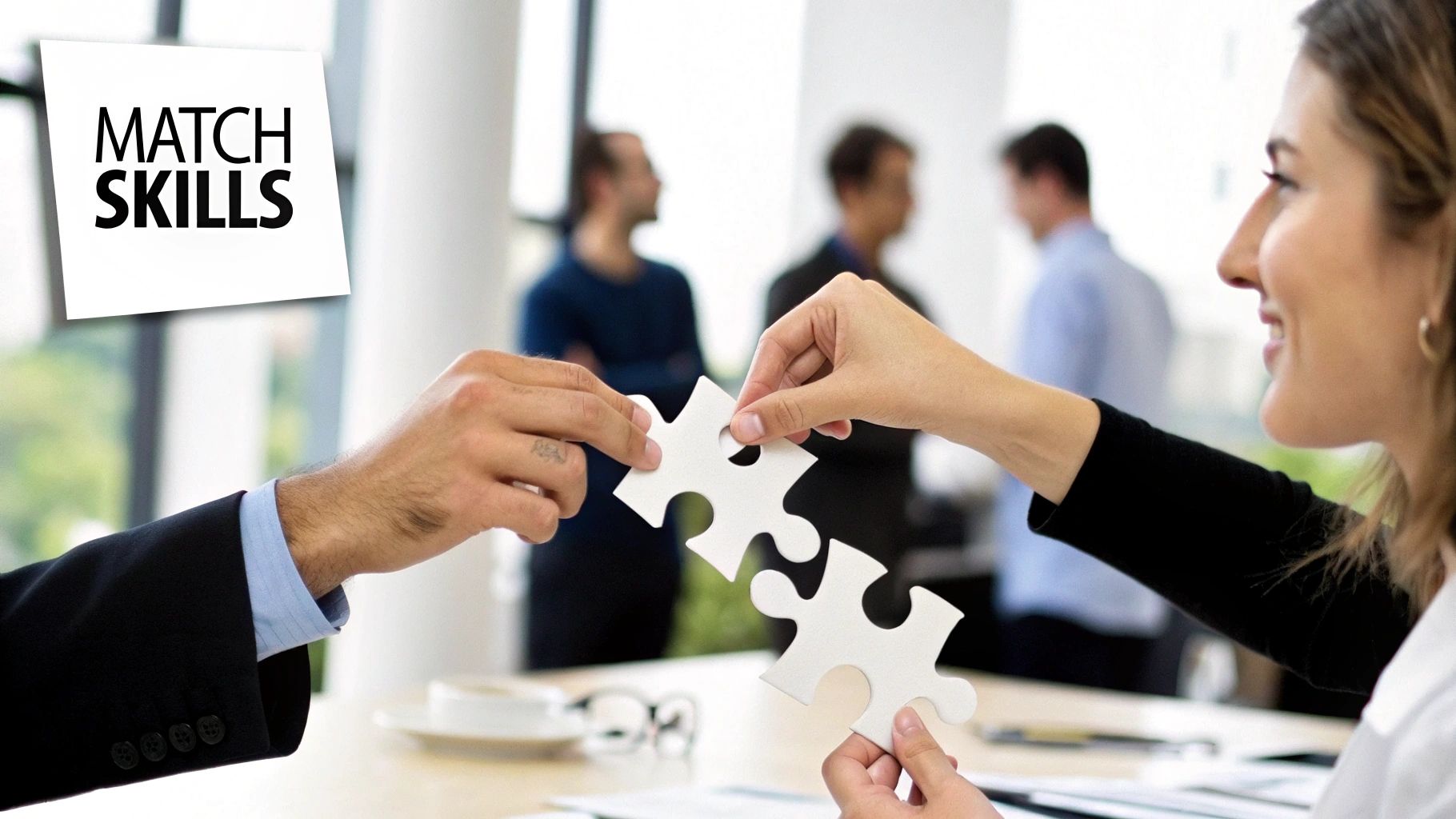 A team collaborating around a desk, illustrating the process of choosing the right person for a task.