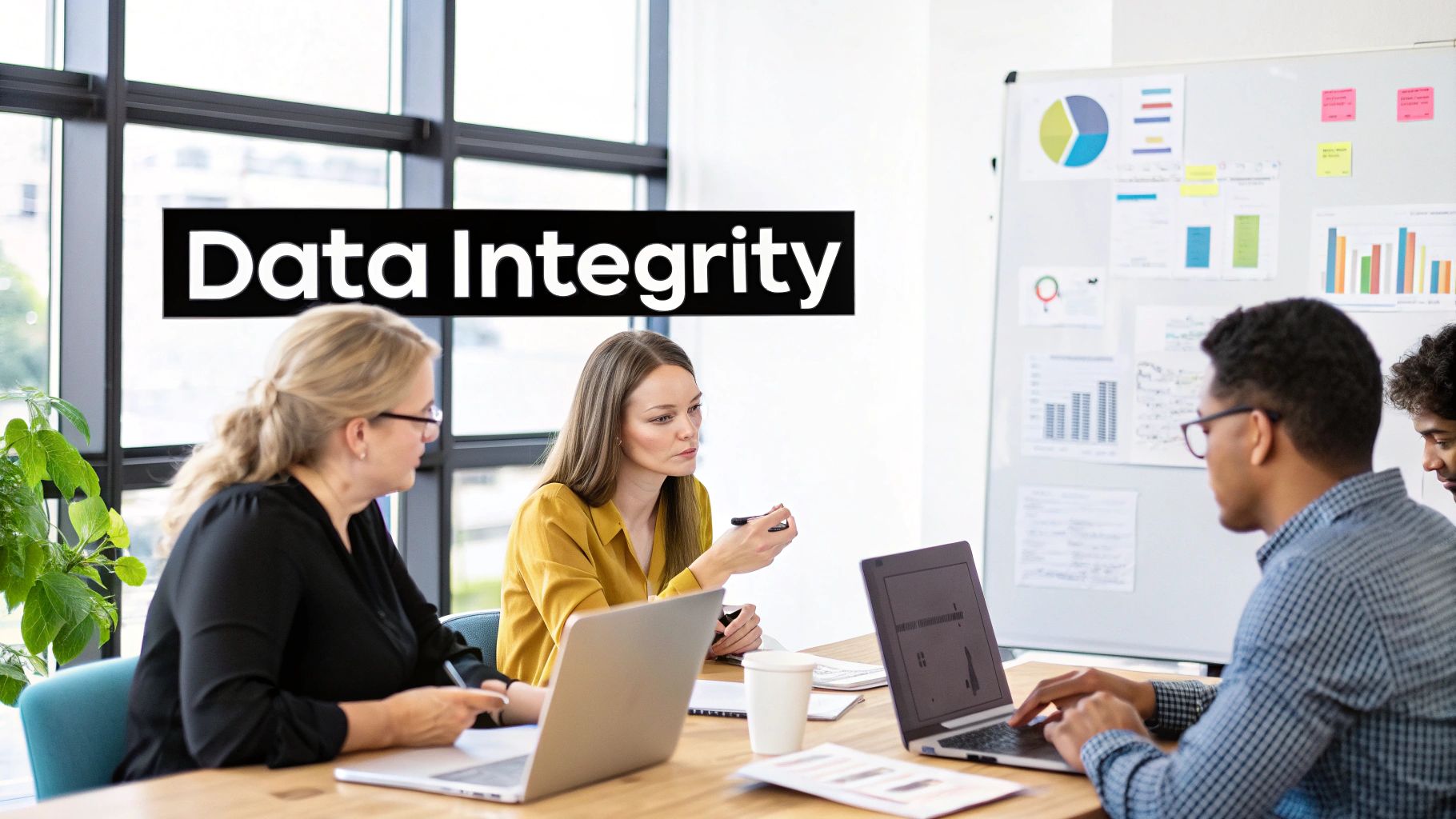 A team collaboratively working on a digital whiteboard, illustrating the integration of data quality checks into their daily tasks.