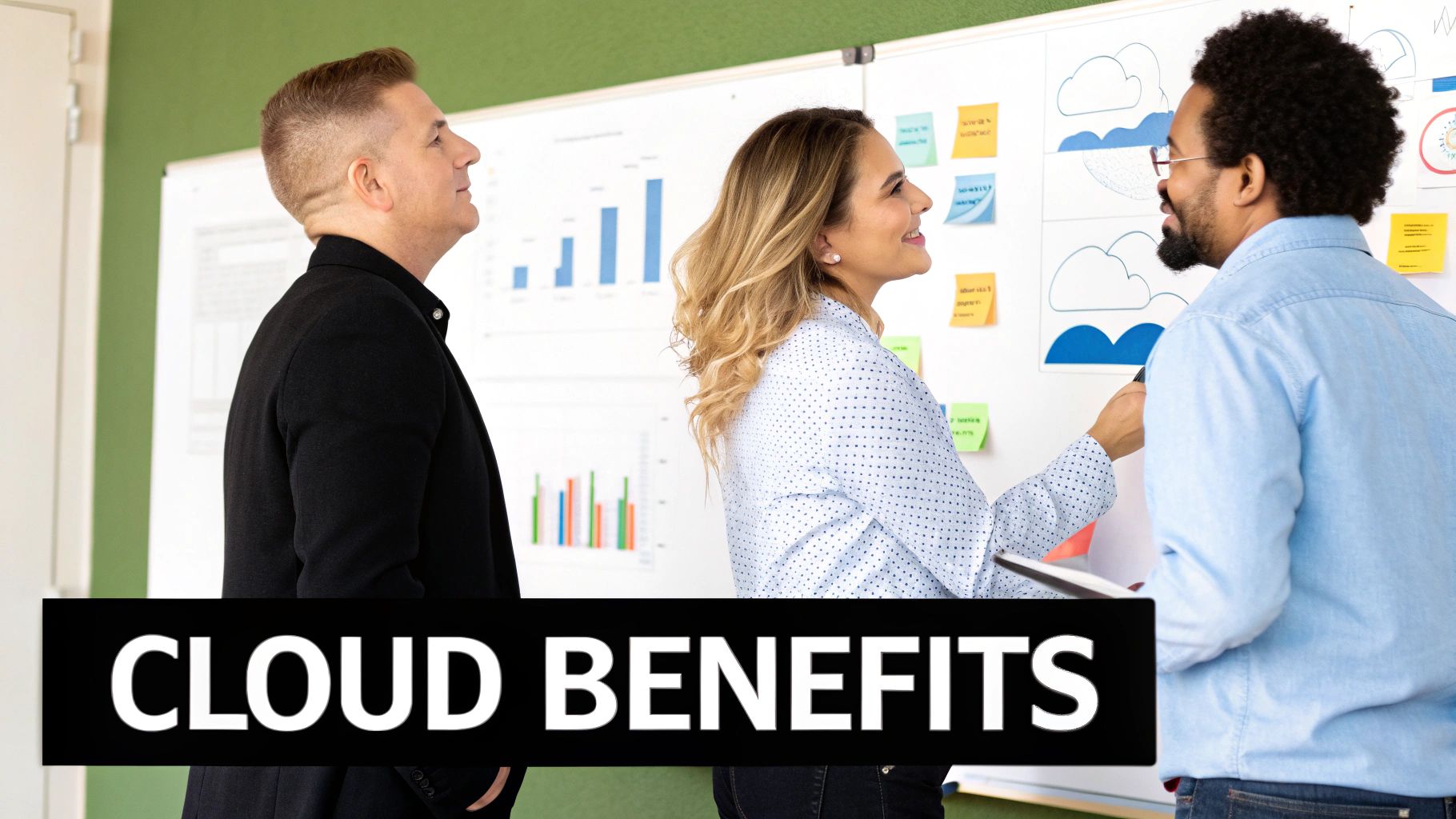 A graph showing upward trends in efficiency, security, and cost savings, representing the benefits of cloud automation.