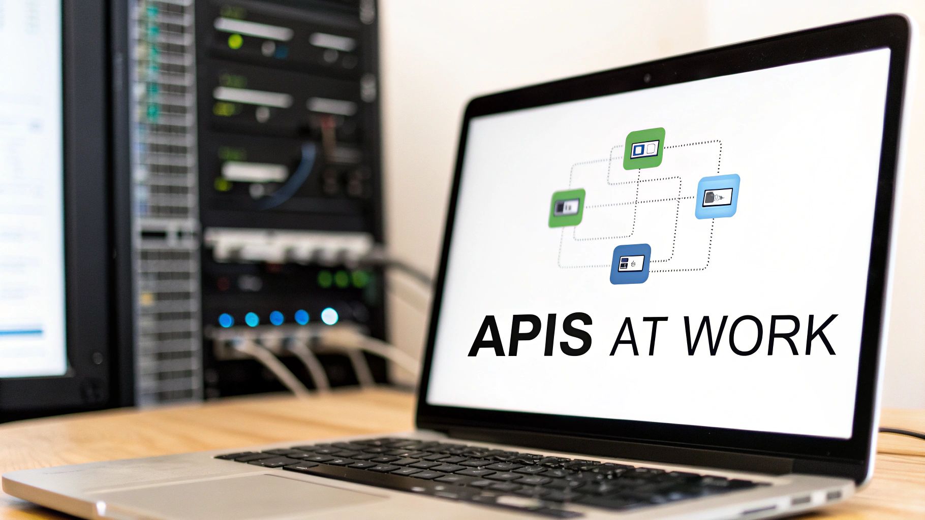 An illustration showing how an API acts as a bridge between different software applications, facilitating data transfer and communication.