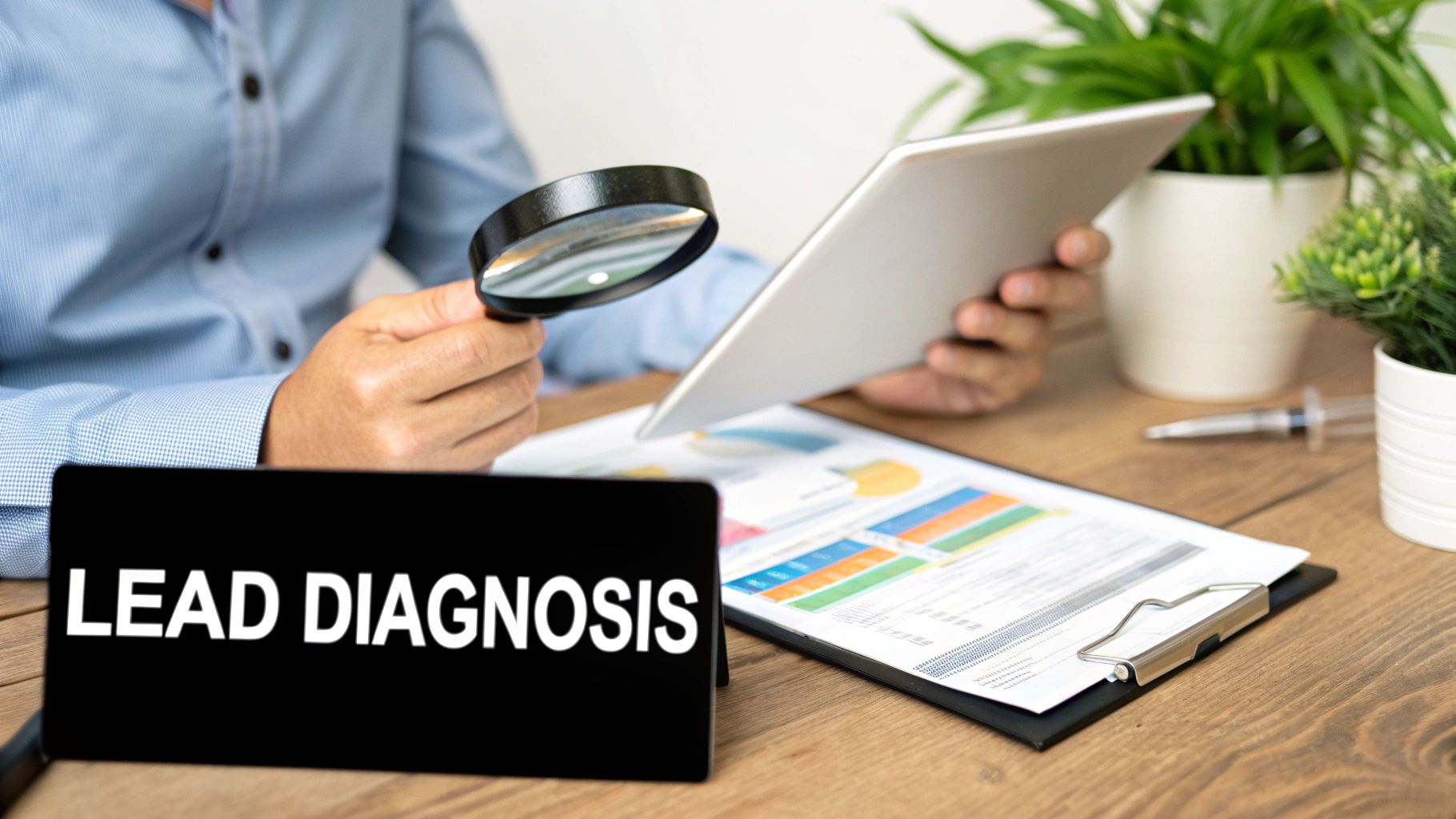 A sales team collaborating around a whiteboard with charts and graphs, representing a strategic approach to qualification.