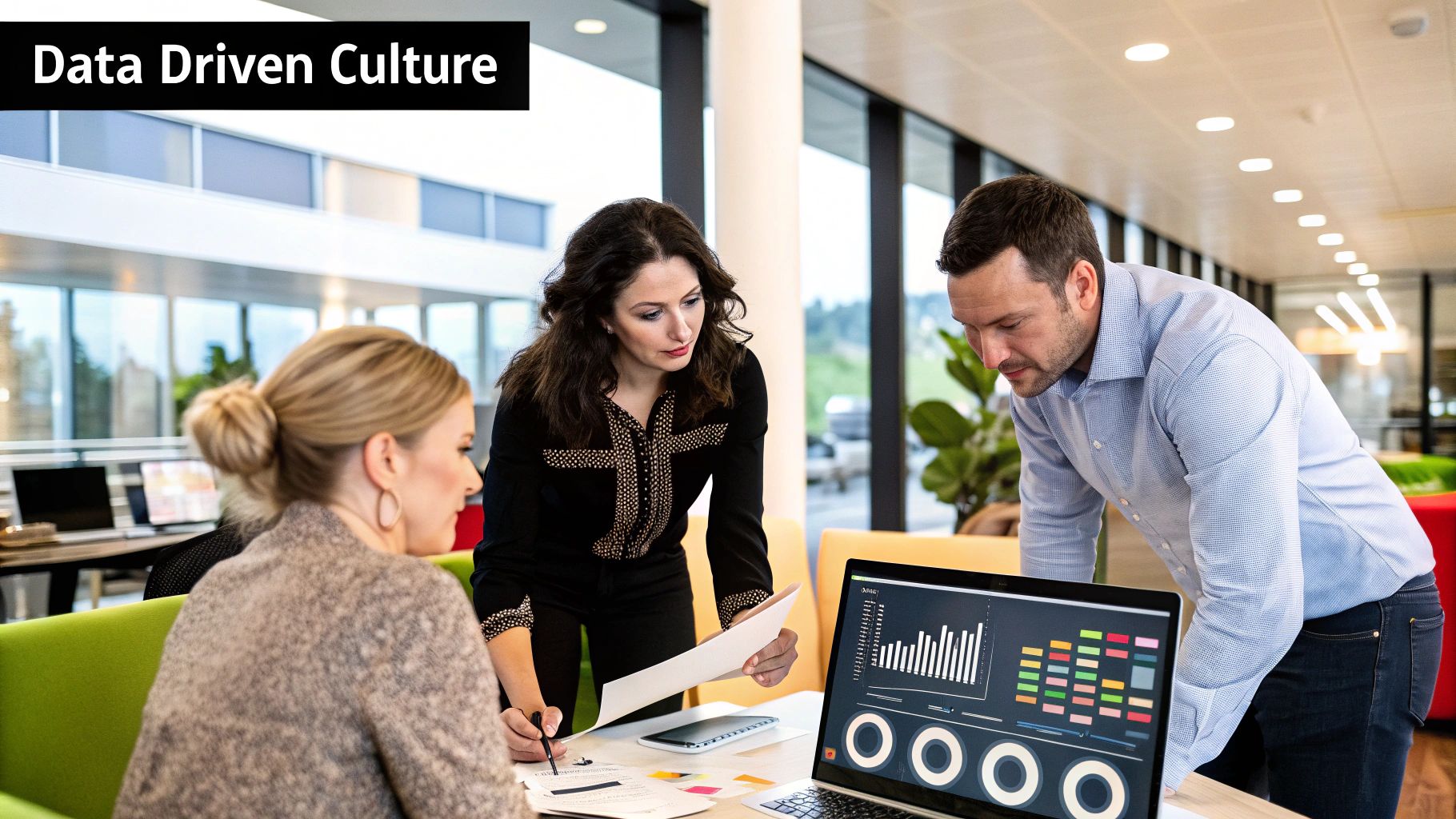 Three interconnected pillars labeled 'Data,' 'Tools,' and 'People' supporting a structure labeled 'Data-Driven Culture.'