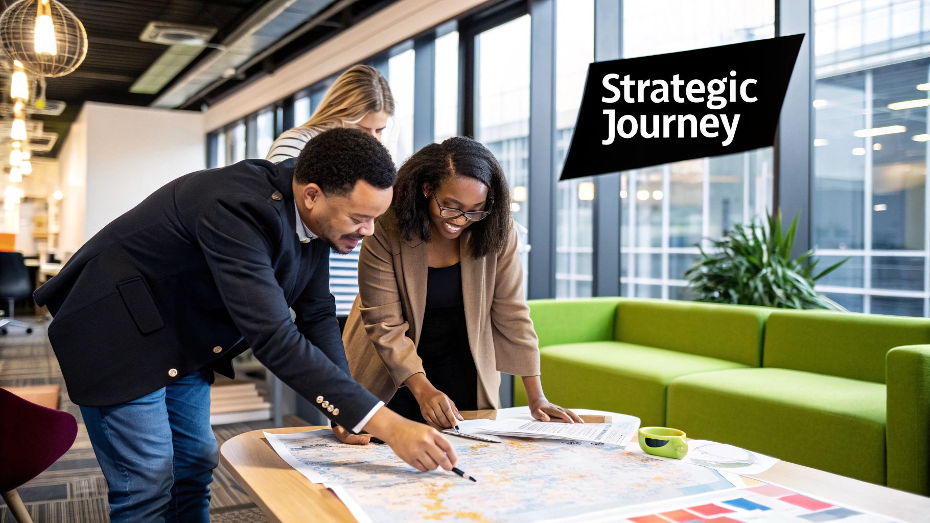 A team collaborating on a strategic plan with sticky notes and charts on a wall.