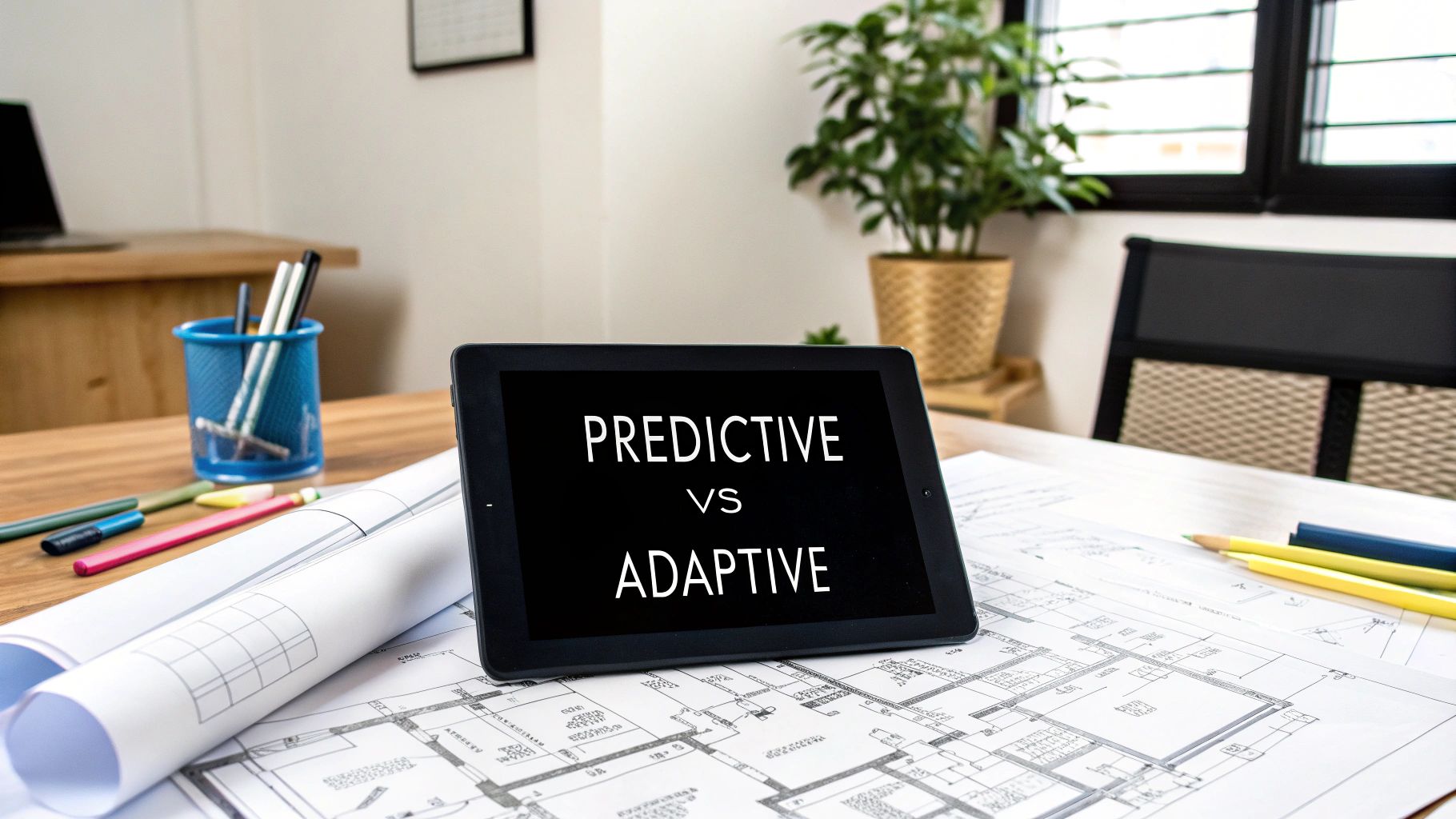 A split image showing a rigid blueprint on one side and a flexible, iterative mind map on the other.