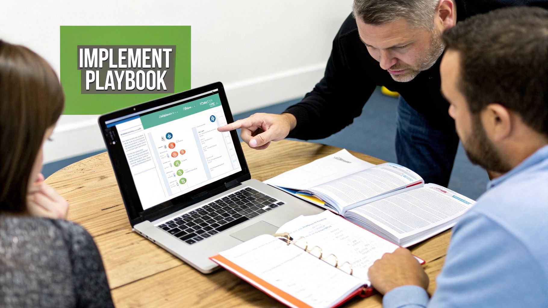 A person at a desk using a CRM system, with framework elements overlaid, symbolizing integration into the daily workflow.