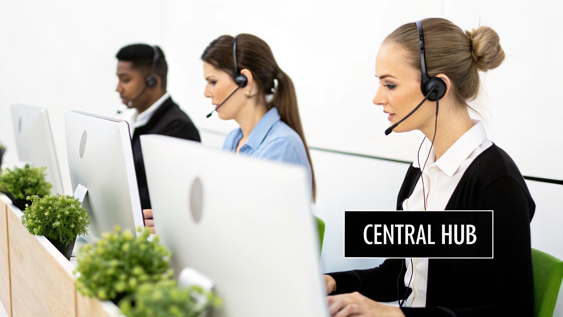 A customer service agent wearing a headset and smiling while working on a laptop