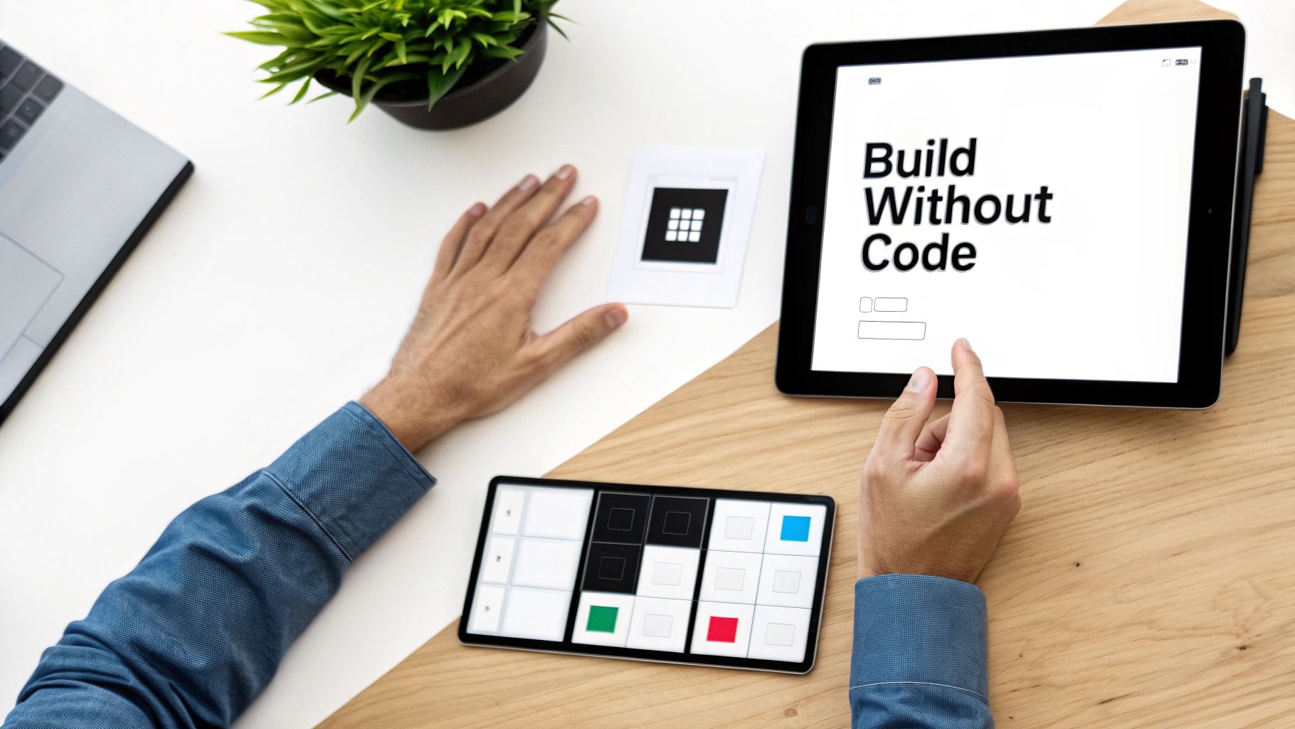 A person interacting with a visual, block-based interface for no code automation