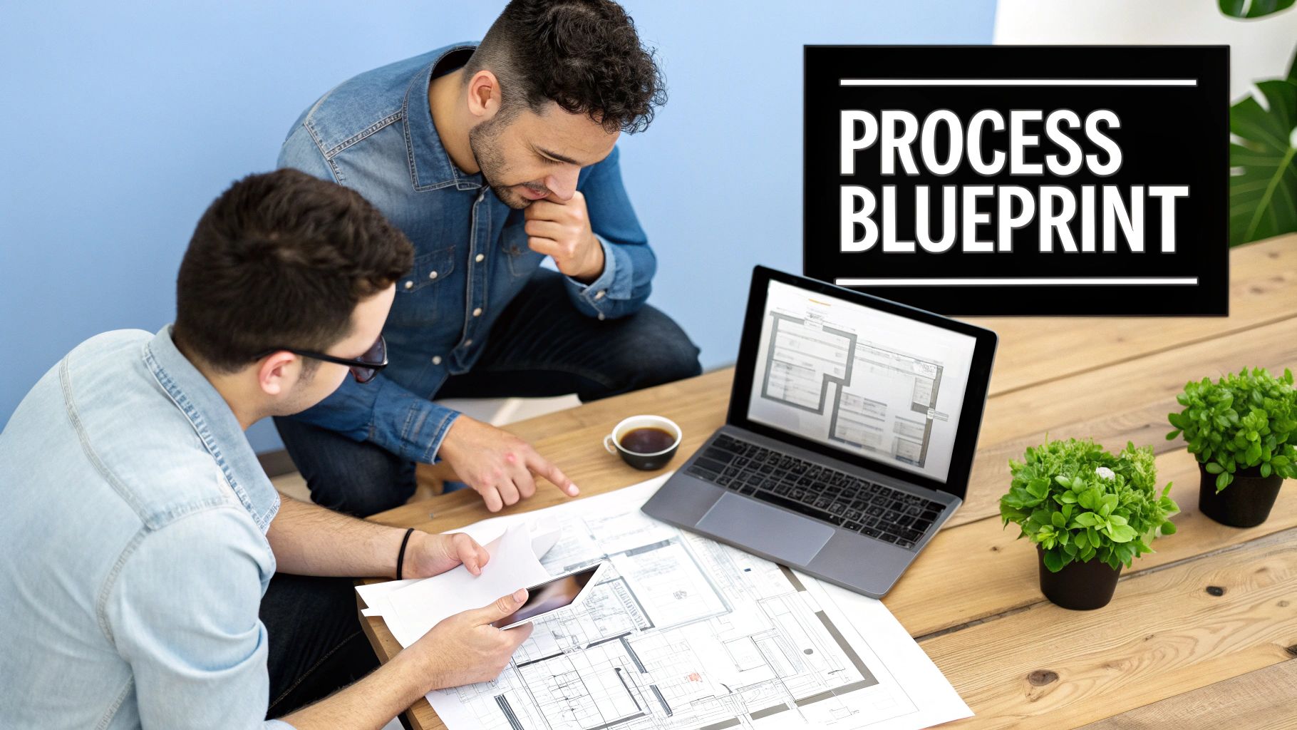 A team collaborating on a flowchart, illustrating the creation of process documentation.