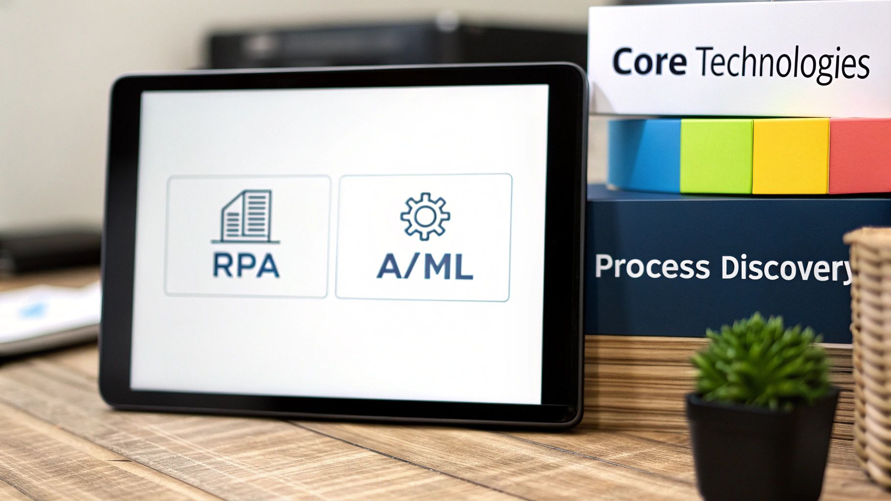 A visual representation of interconnected digital tools, such as gears, cogs, and data streams, illustrating how different technologies work together in hyperautomation.