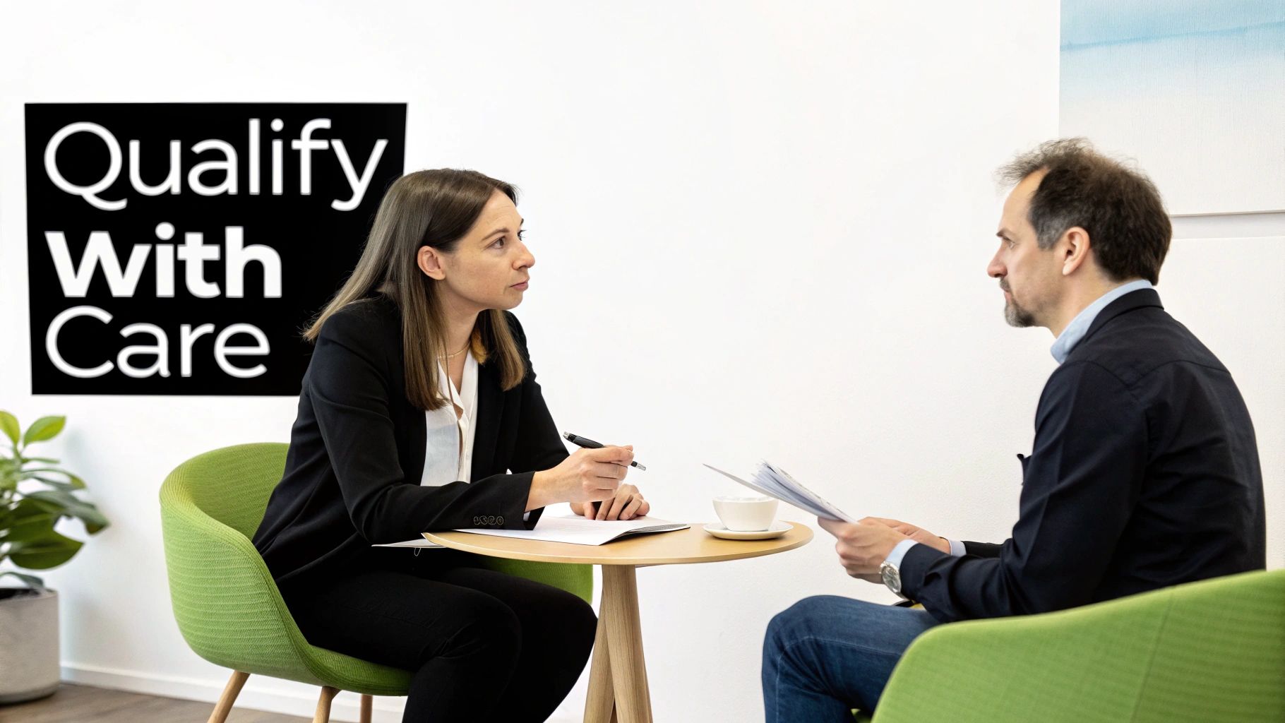 A person actively listening during a conversation, representing the human side of sales lead qualification