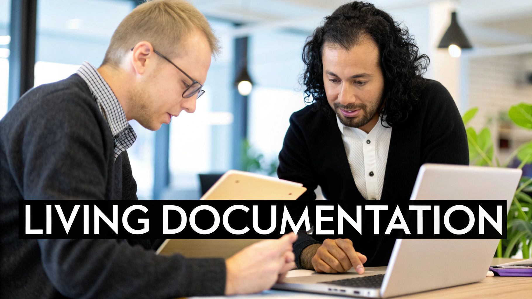 A team member updating a digital flowchart on a large screen, symbolizing living documentation.