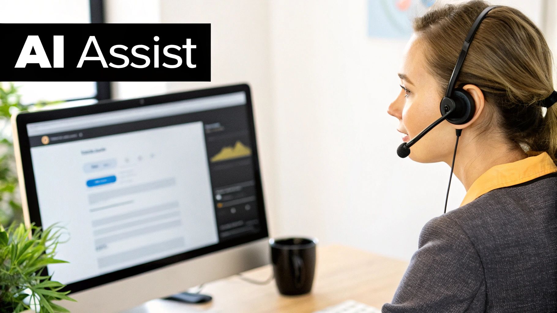 An AI robot arm is shown handing a headset to a human customer service agent, symbolizing the collaboration between AI and human support.