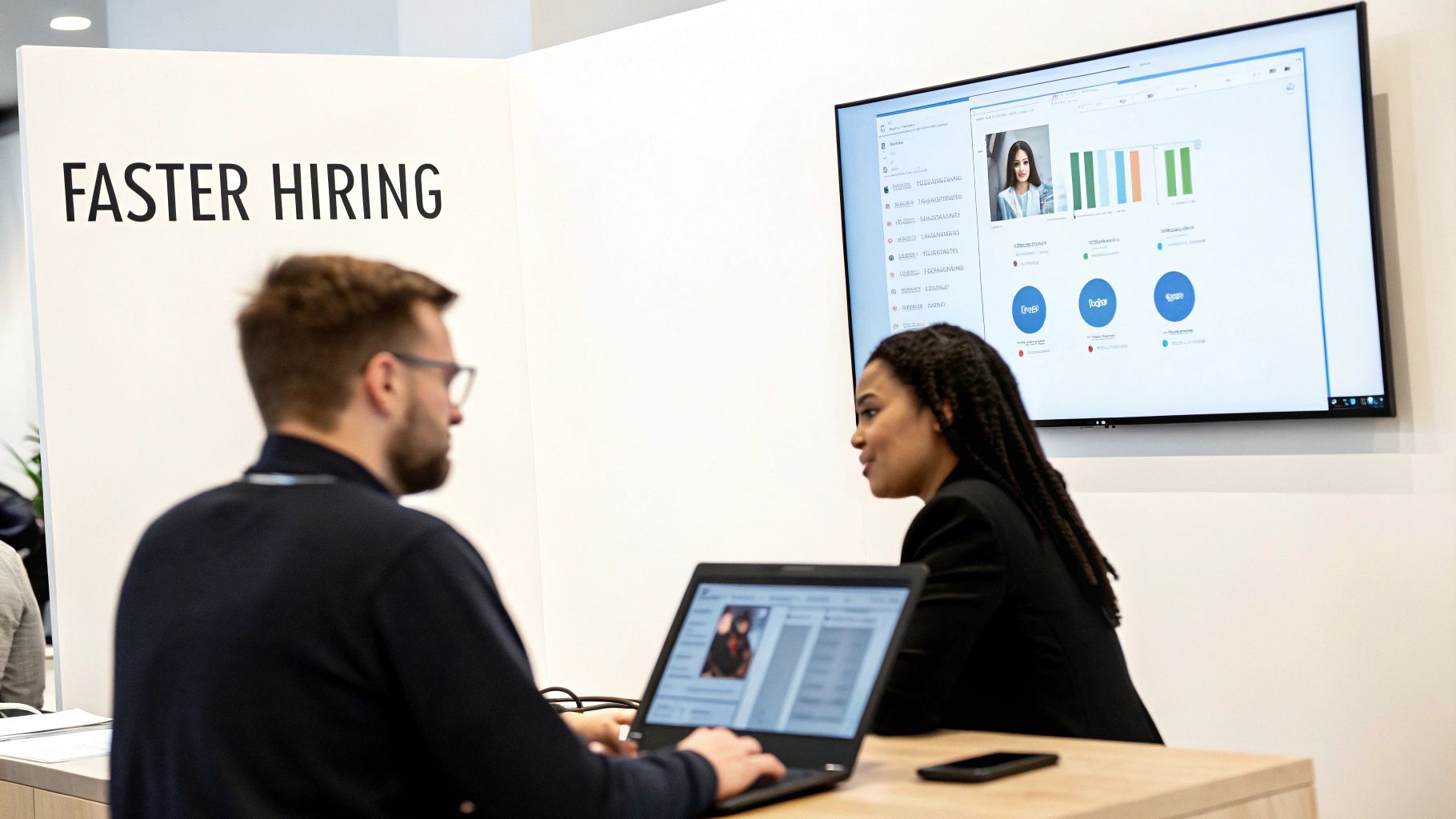 Two HR professionals reviewing candidate data on laptop and wall-mounted screen during recruitment process
