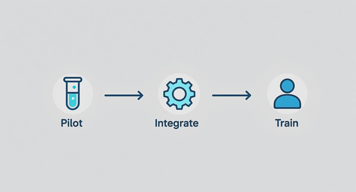 Three-stage workflow diagram showing pilot, integrate, and train phases with test tube, gear, and person icons