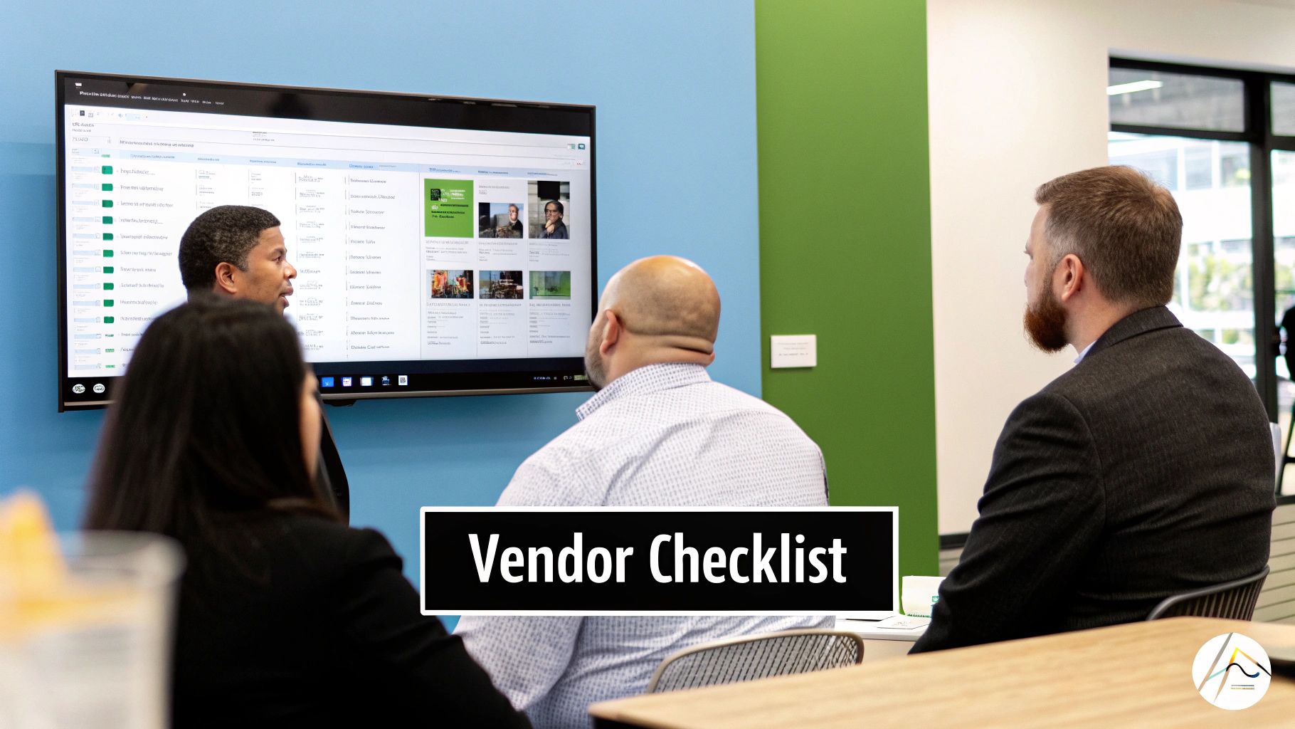 Team reviewing vendor evaluation checklist software on large screen during collaborative business meeting