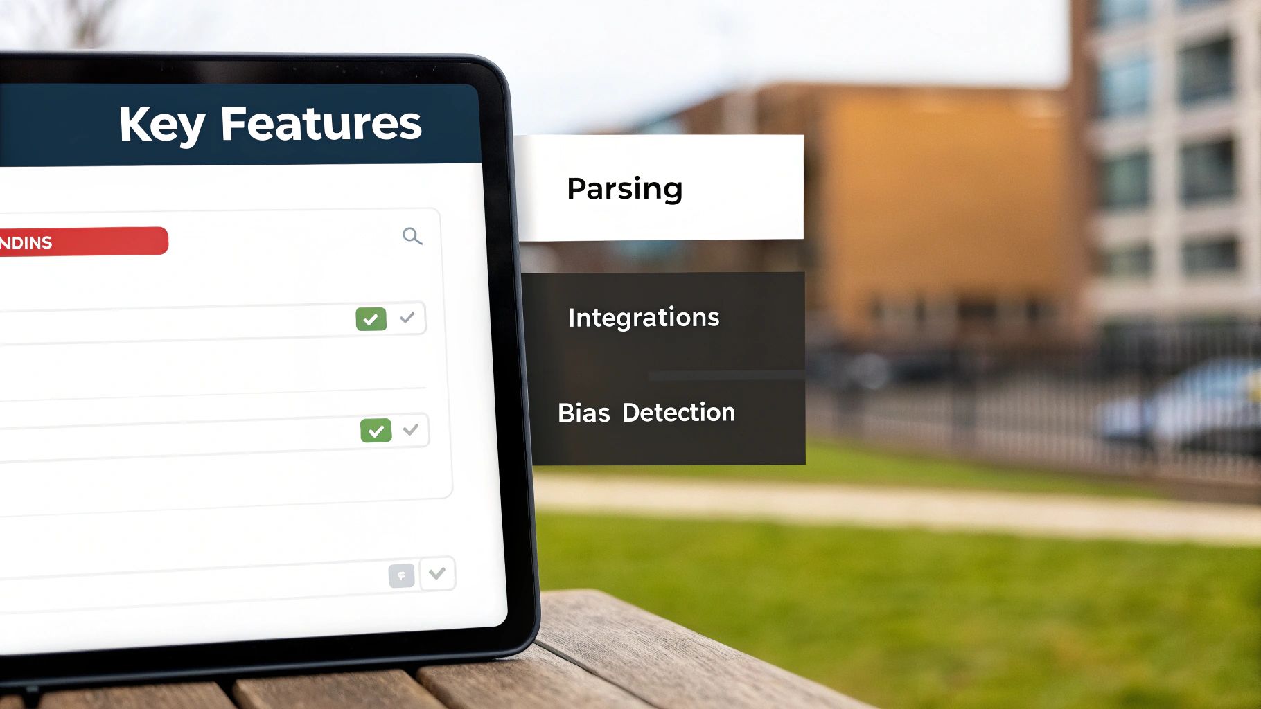 A checklist of features on a digital tablet with a modern office background