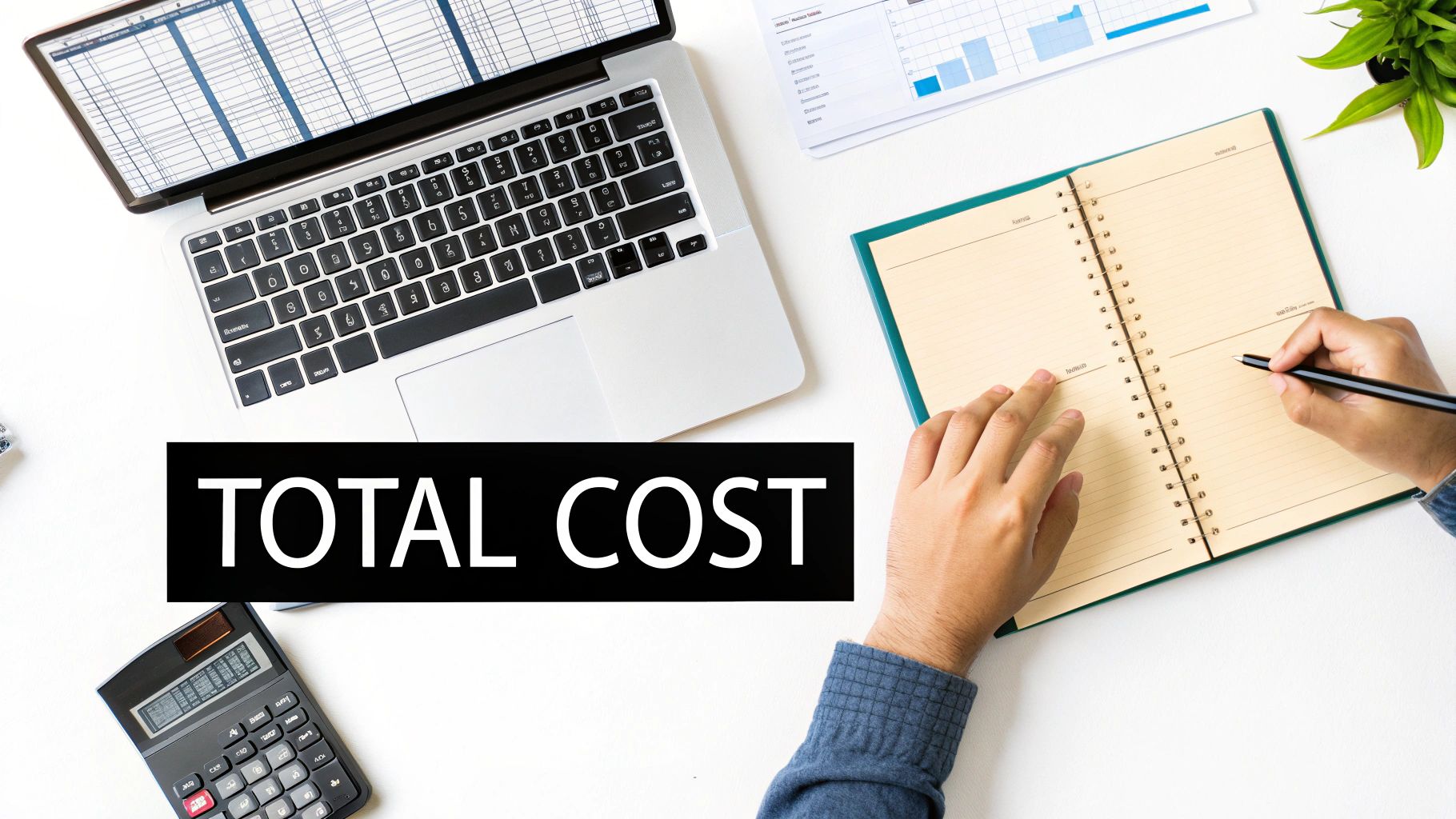 A person pointing to a financial chart, representing cost analysis