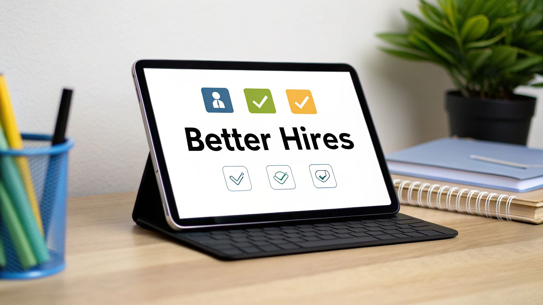 Recruiter smiling while reviewing a candidate profile on a tablet