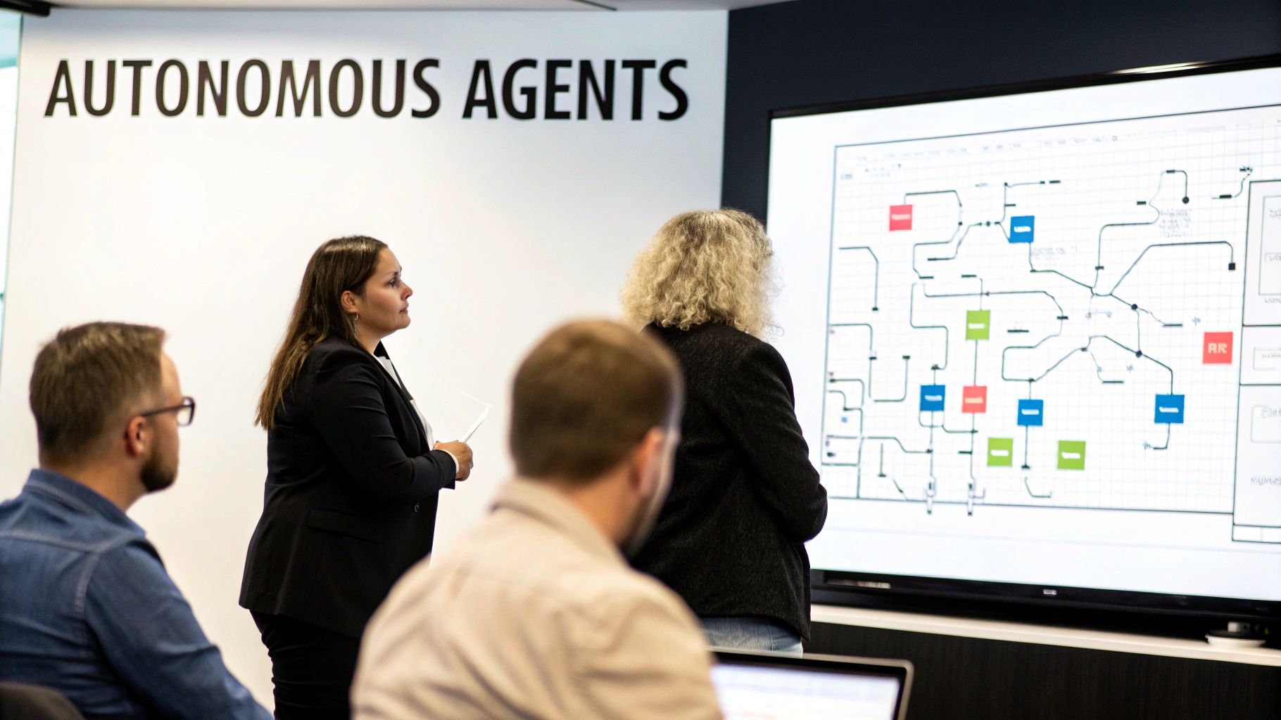 Professionals discussing a complex diagram of autonomous agents on a large screen in a modern office.