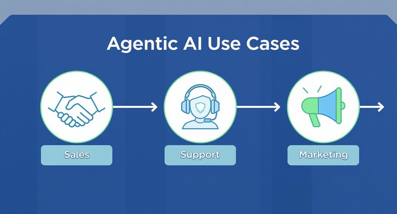 Diagram illustrating Agentic AI use cases in sales, support, and marketing, shown with relevant icons and arrows.