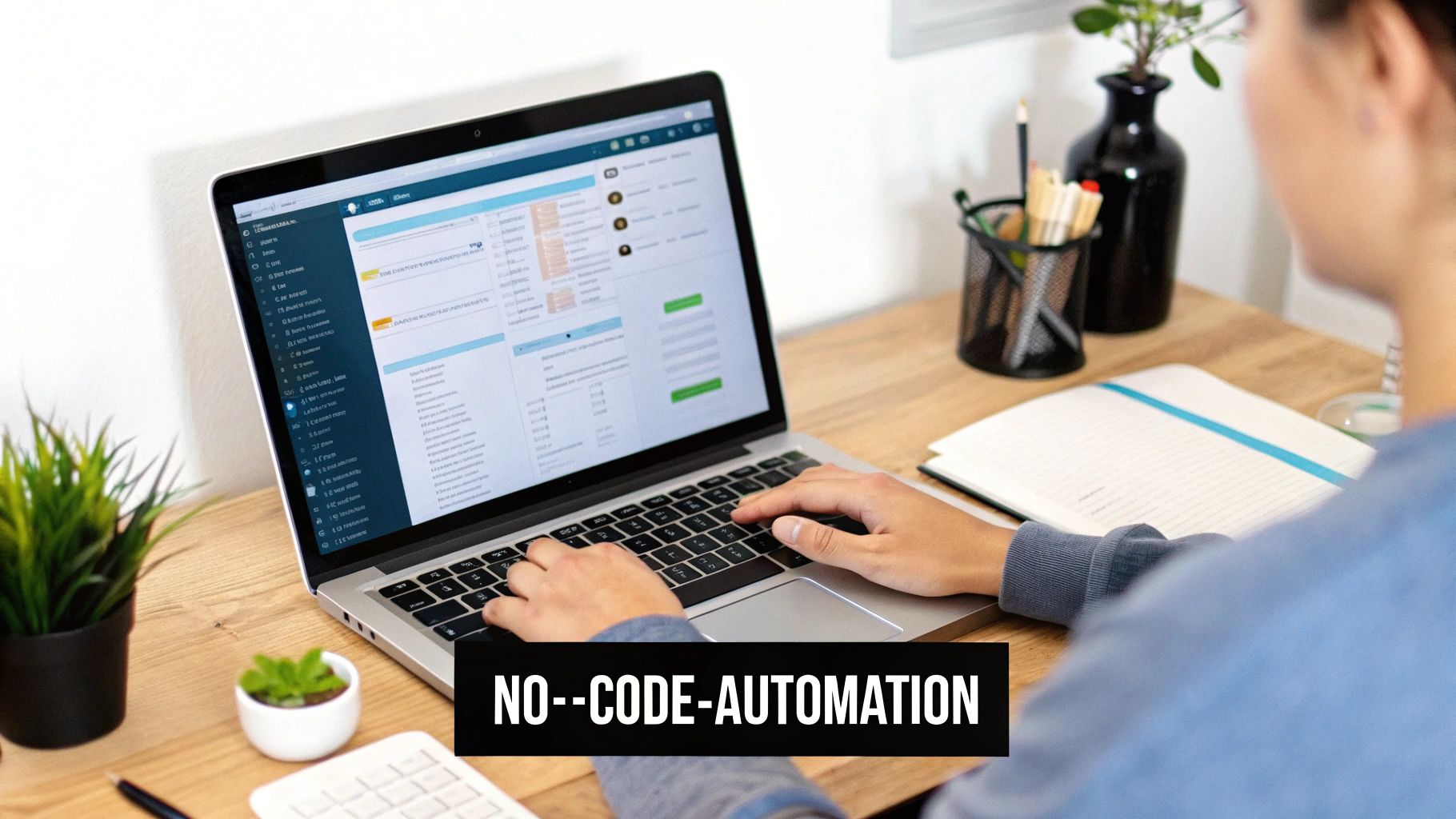 A person types on a laptop displaying a no-code automation interface on a wooden desk.