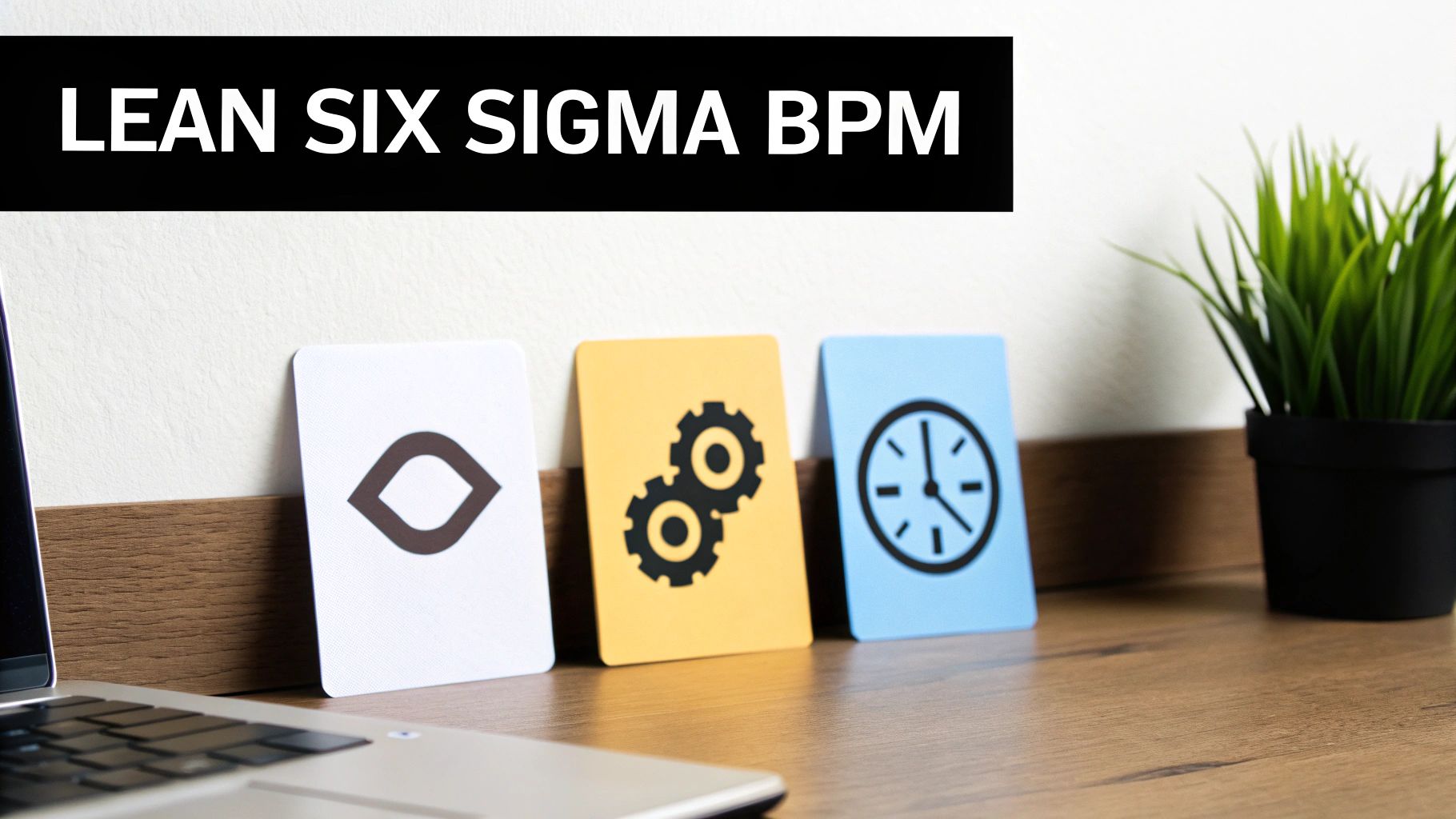 A desk with a laptop, three process optimization icon cards, and 'LEAN SIX SIGMA BPM' text.