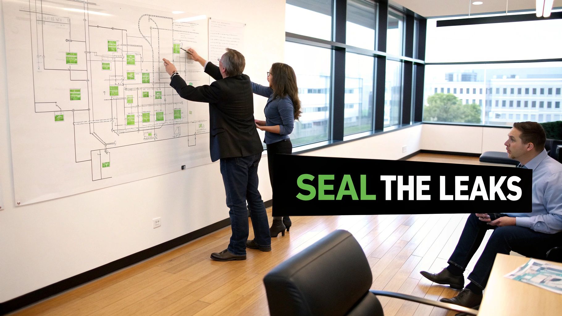 A team collaborates on a complex process diagram drawn on a whiteboard in a modern office.