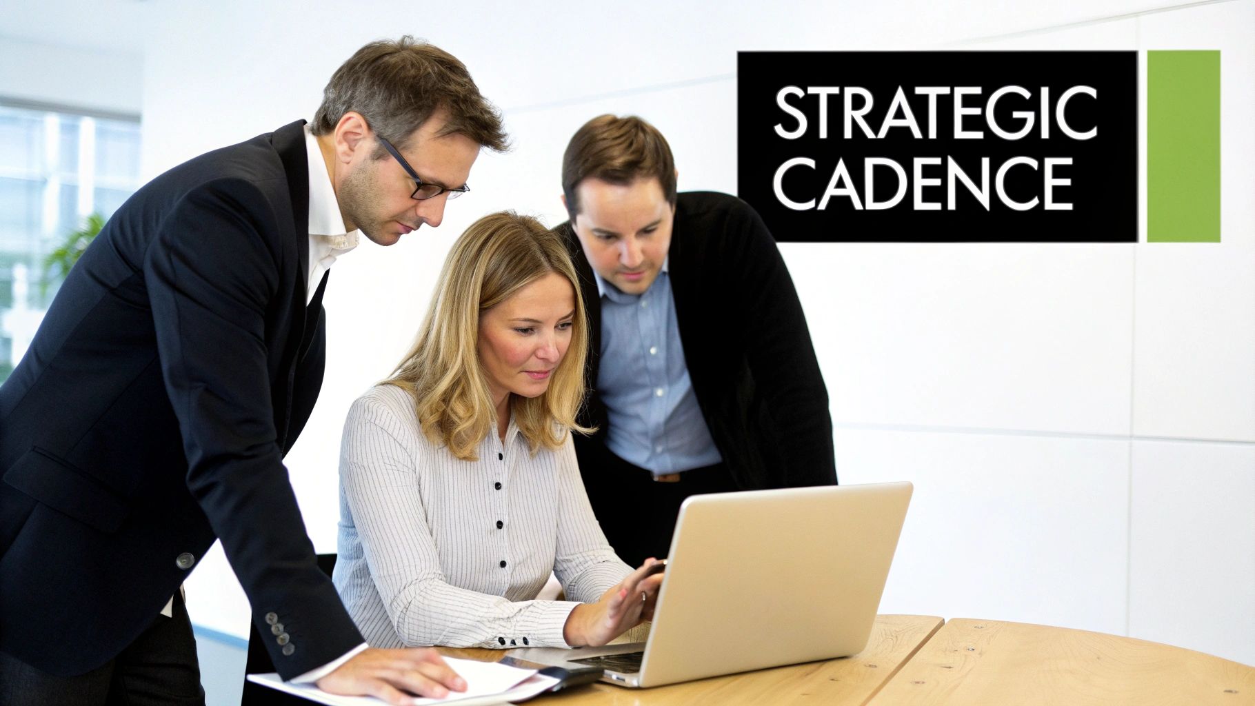 Three business professionals collaborating on laptop reviewing strategic cadence planning in modern office