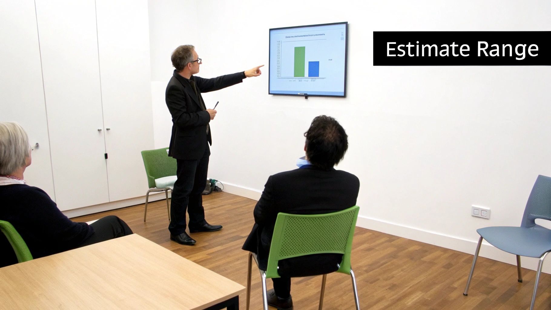 Business presenter explaining project estimate range data using bar chart during team meeting