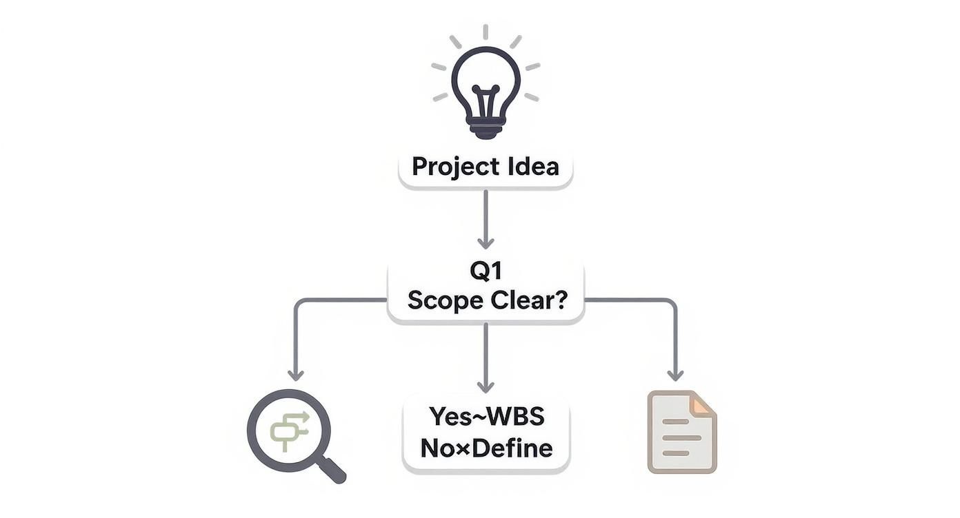 Project management flowchart showing scope definition process with decision tree from idea to work breakdown structure