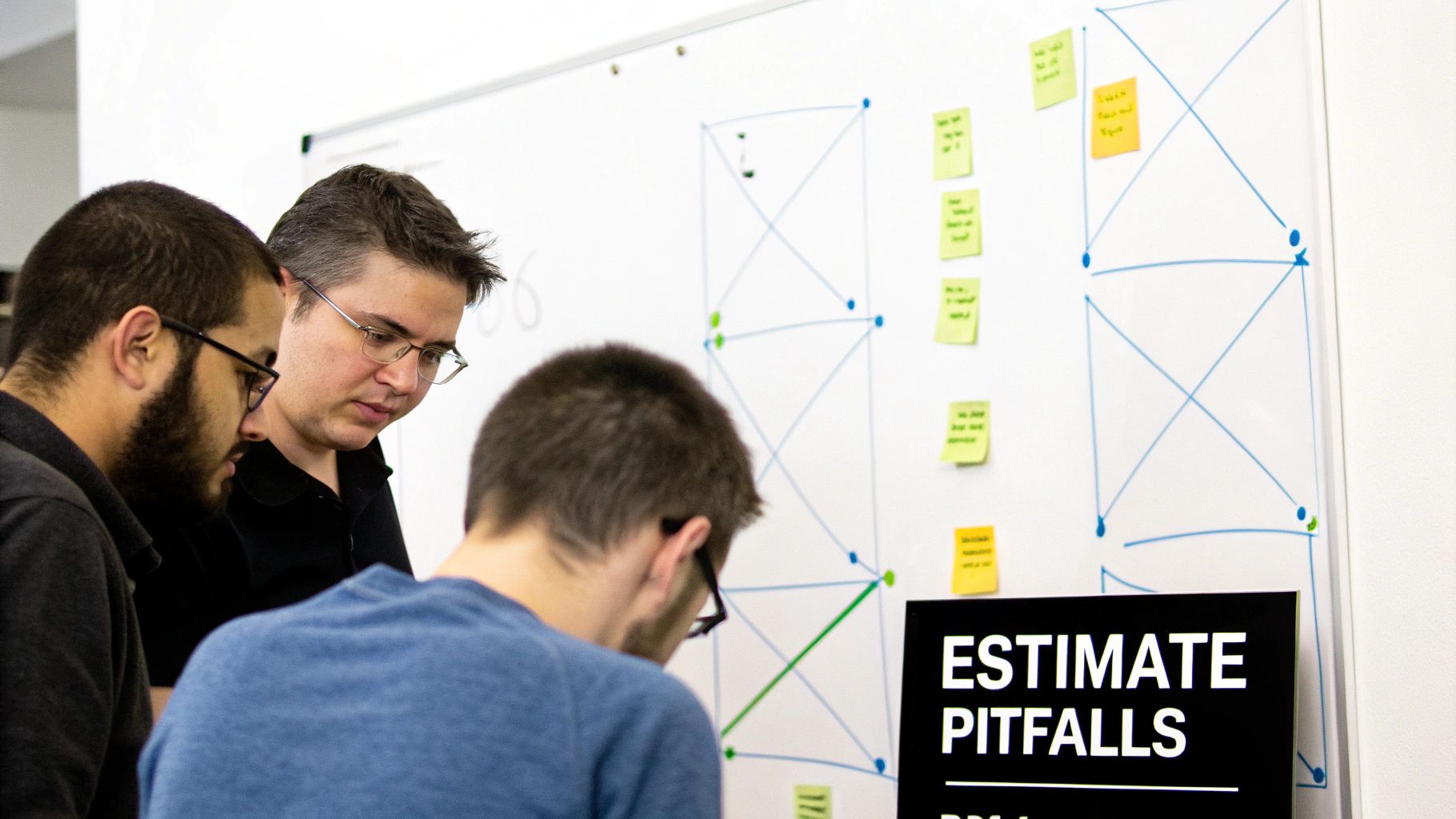 Three software developers reviewing project timeline diagrams and sticky notes on whiteboard during estimation meeting