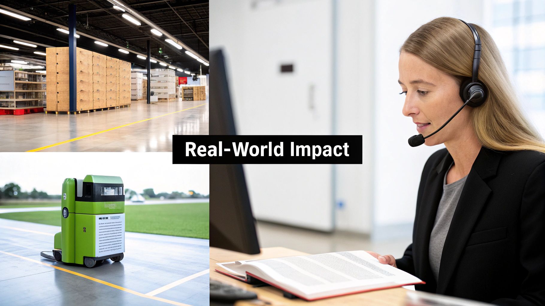 Professional customer service representative with headset working alongside automated warehouse robot and logistics facility