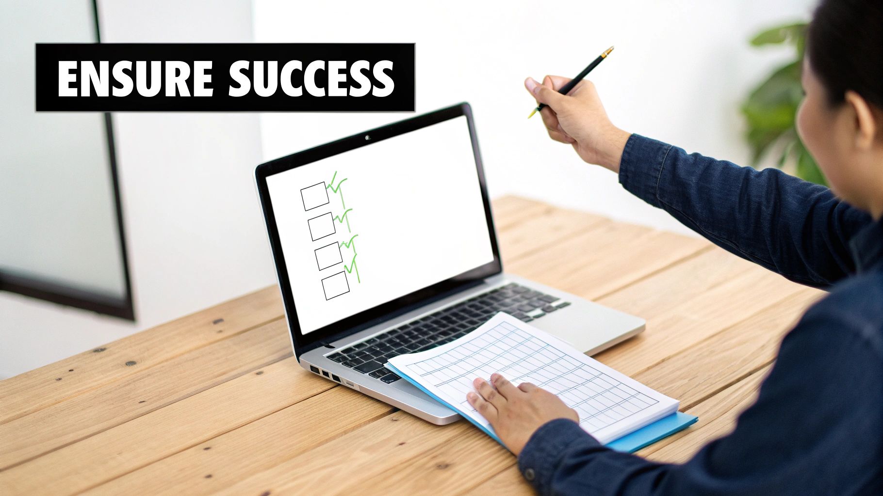 Person holding pencil reviewing checklist on laptop screen ensuring success with notebook on wooden desk