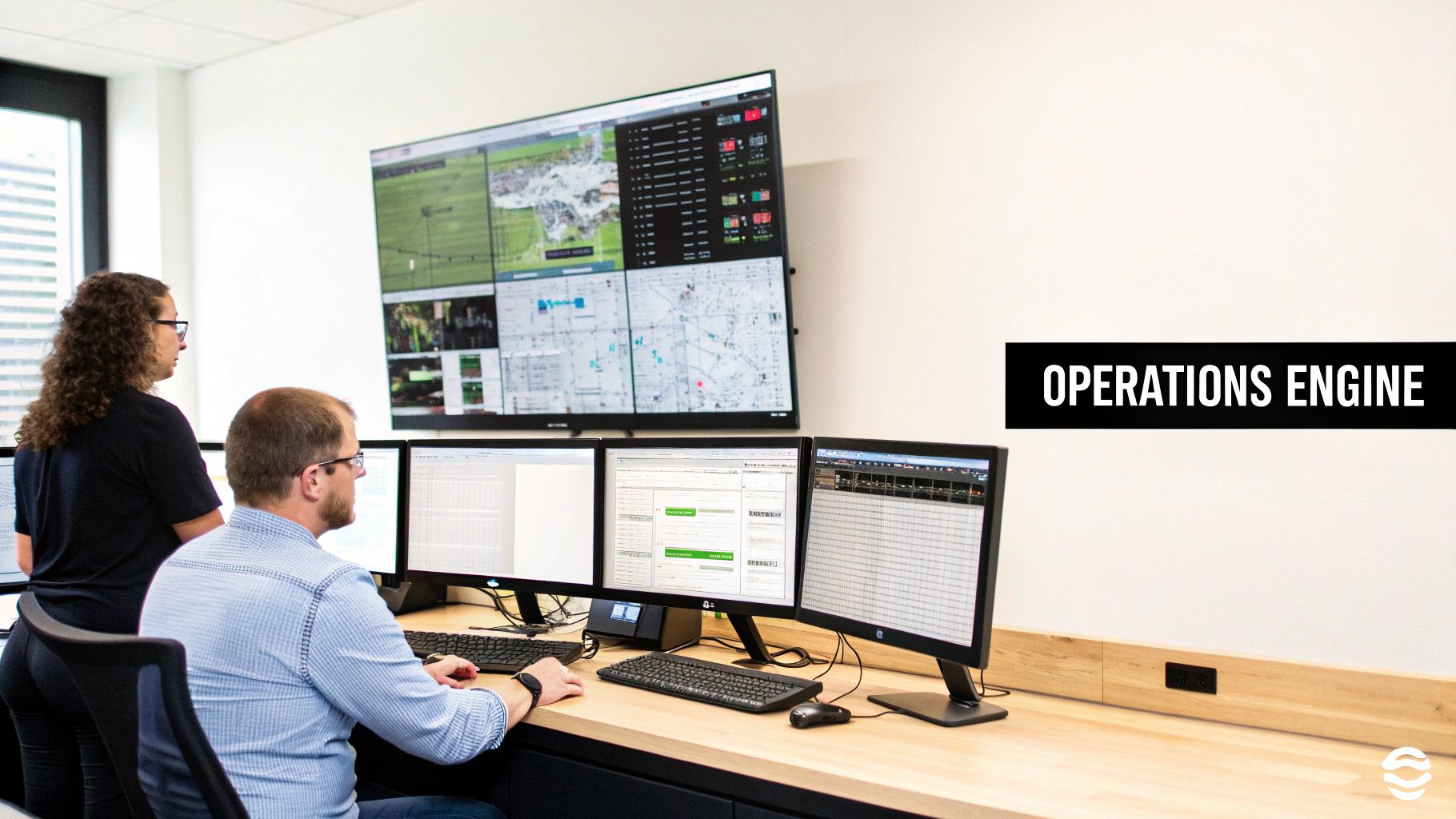 Two professionals in a control room oversee multiple screens displaying operational data and maps.