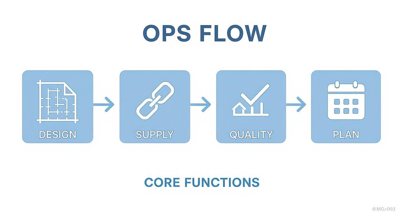 A diagram titled 'OPS FLOW' illustrating core business functions: Design, Supply, Quality, and Plan in sequence.