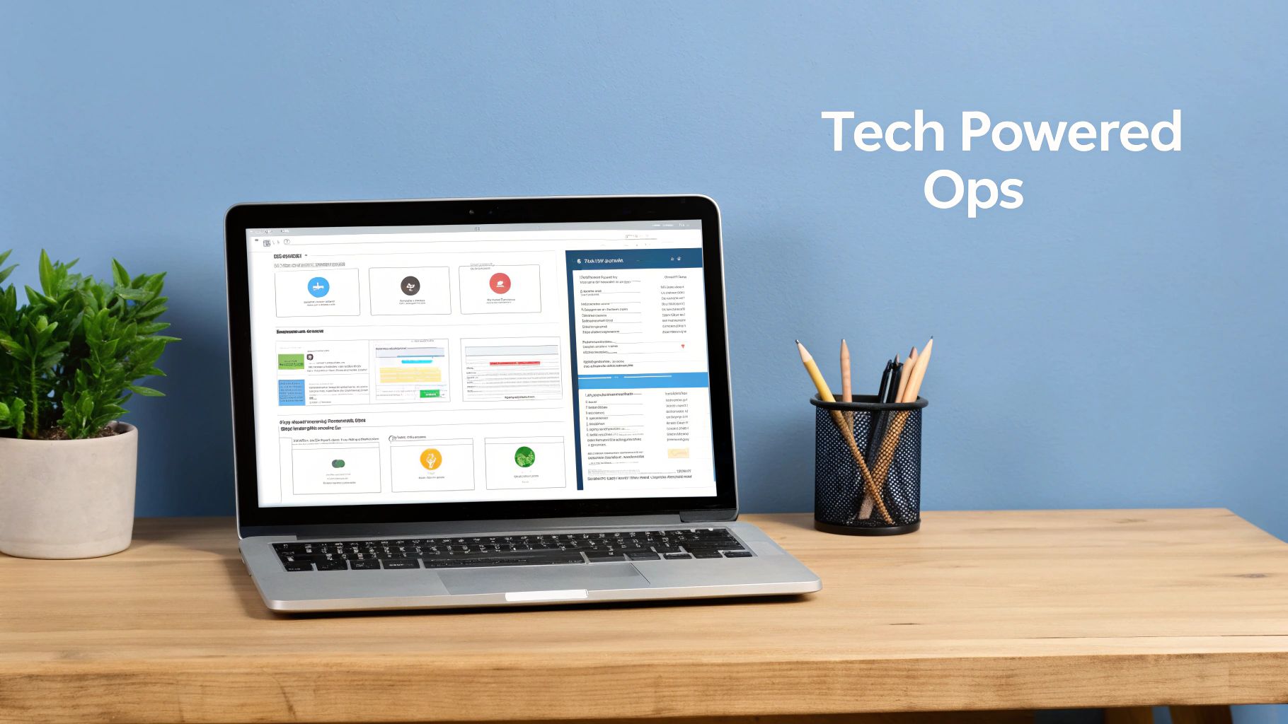 A laptop on a wooden desk displaying a dashboard, with a plant and pencils, text 'Tech Powered Ops'.