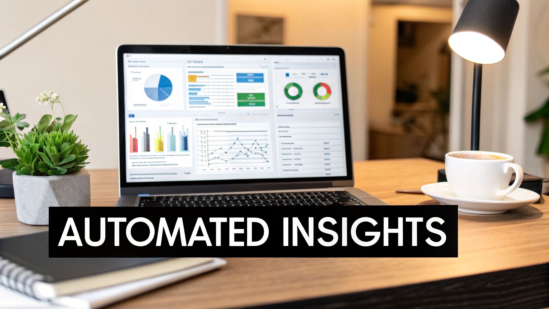 Laptop displaying a data analytics dashboard with charts and graphs, alongside a plant and coffee, promoting automated insights.